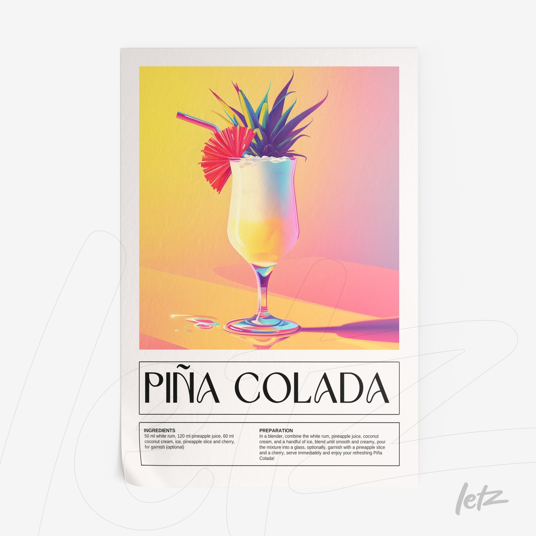 quadro com arte digital de coquetel piña colada em fundo colorido, com textura suave e detalhes de abacaxi e guarda-chuva