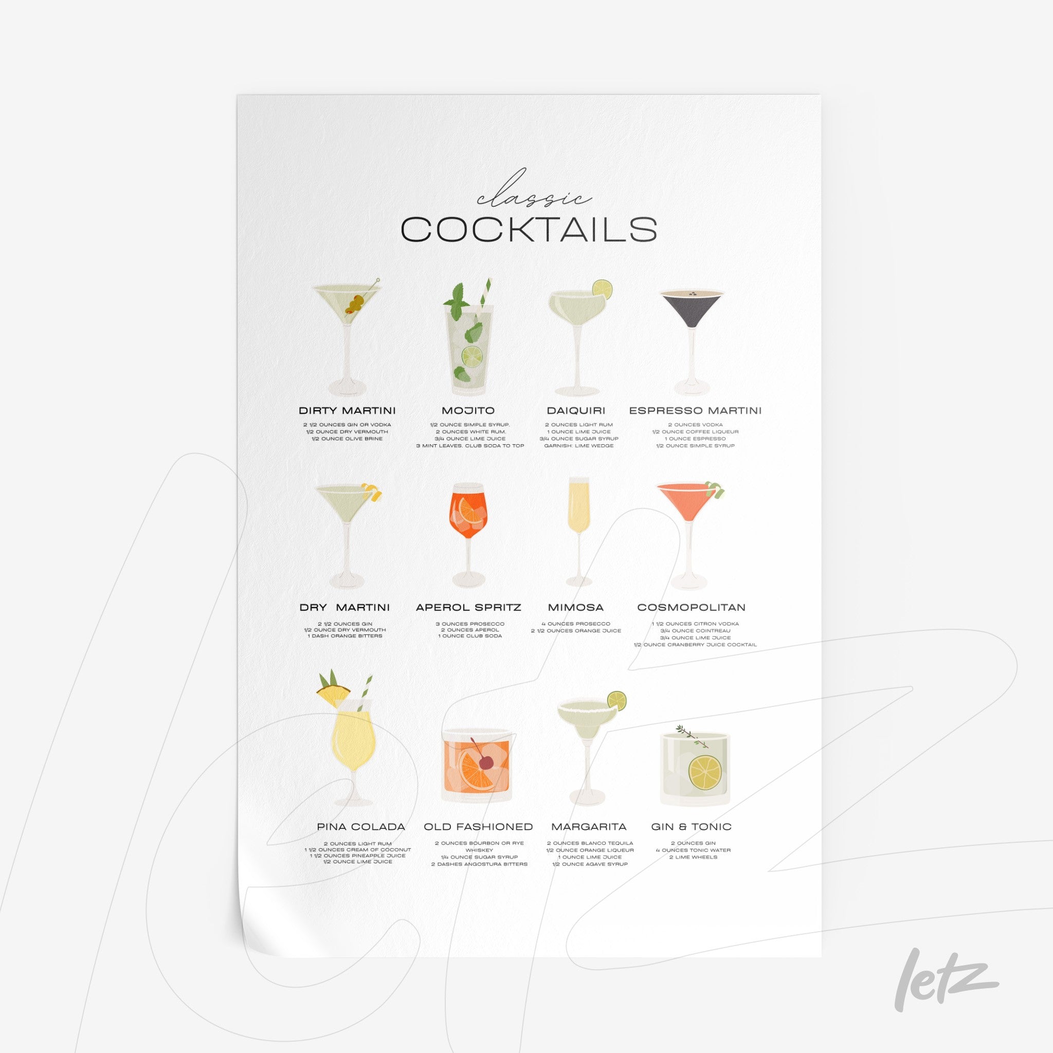 quadro com ilustrações de coquetéis clássicos em fundo claro, incluindo Dry Martini, Mojito e Pina Colada dispostos em linhas