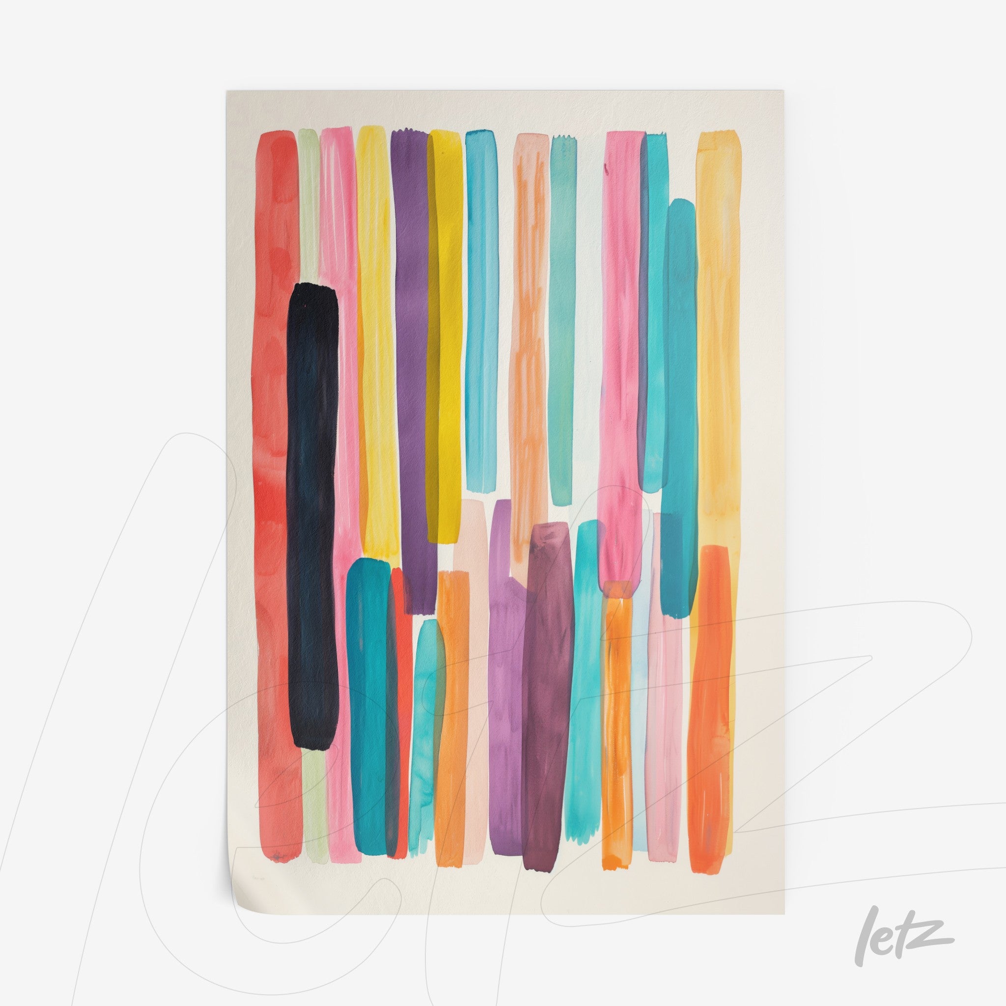 arte abstrata com pinceladas coloridas em faixas verticais sobre fundo claro