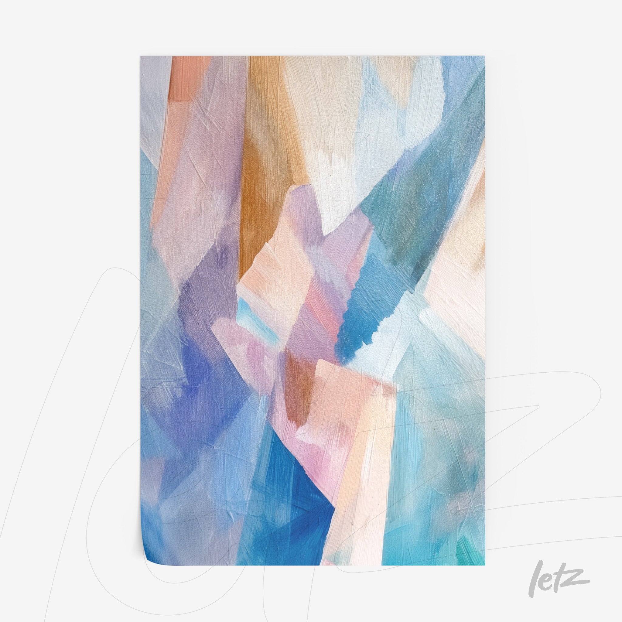 quadro com arte abstrata utilizando cores suaves em camadas de azul, rosa e bege