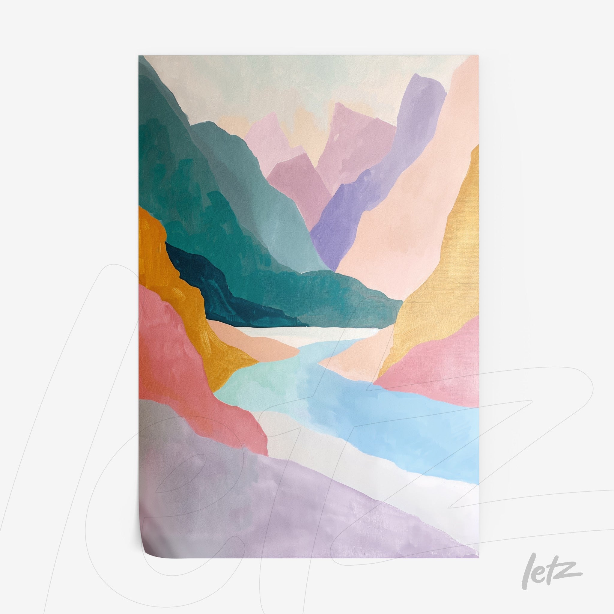 quadro com arte abstrata de paisagem montanhosa em tons pastéis