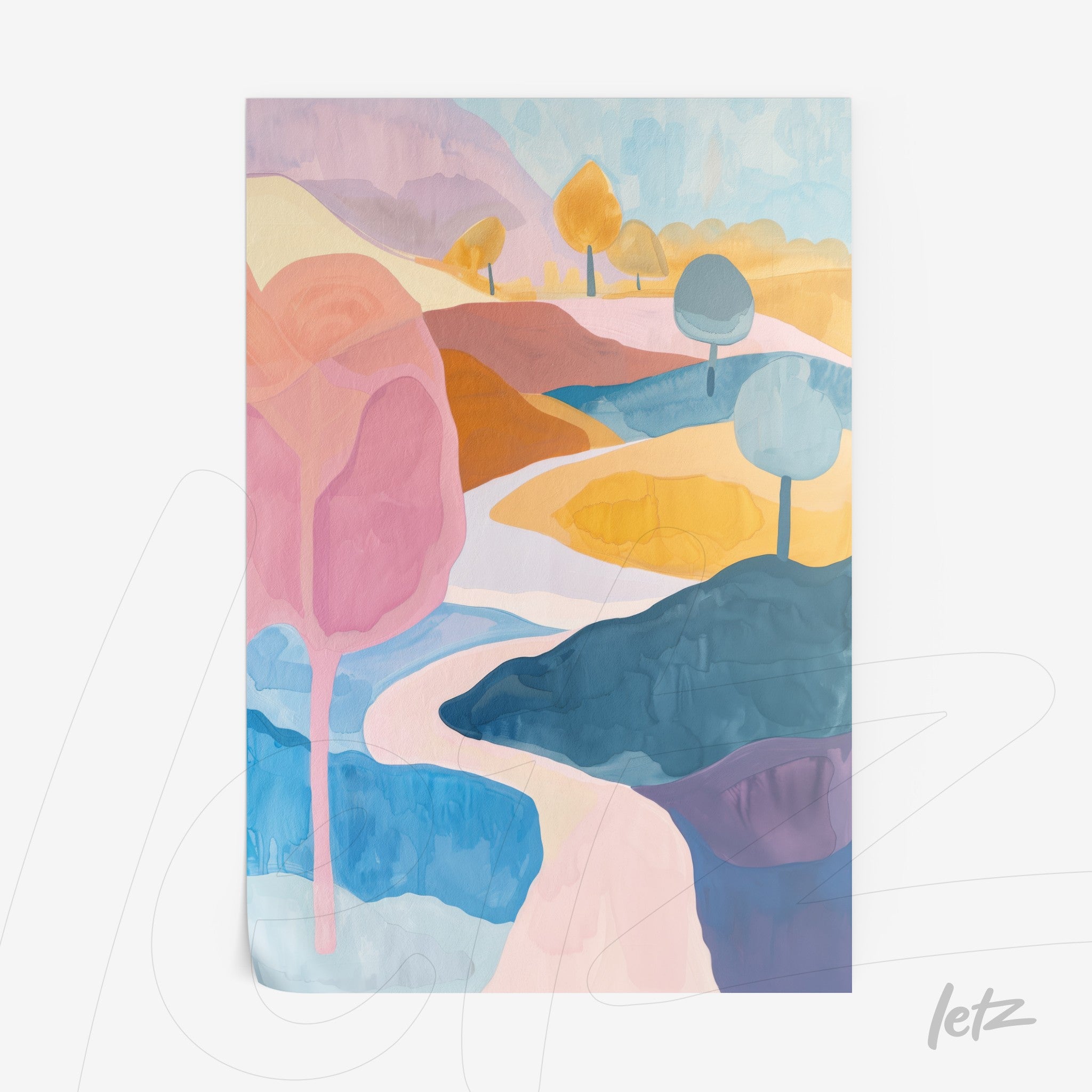 quadro com paisagem abstrata em tons pastel, apresentando árvores em rosa e azul, e um caminho sinuoso no meio