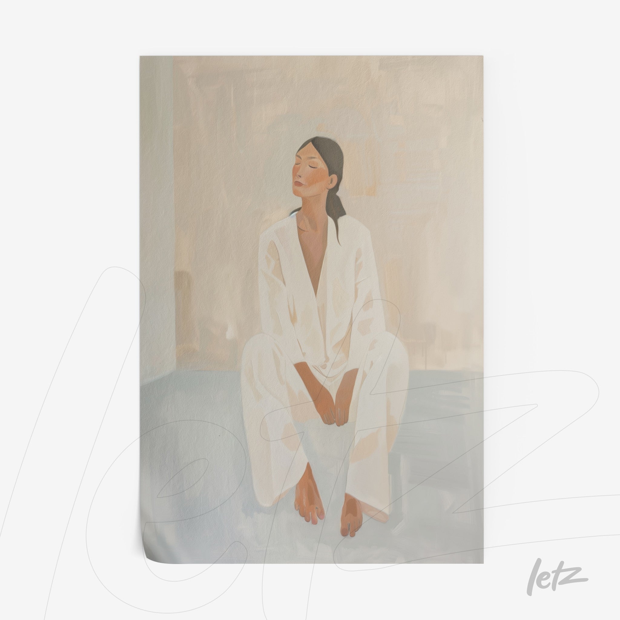 quadro com arte digital de uma mulher sentada em fundo claro, vestindo roupas brancas e cabelo preso