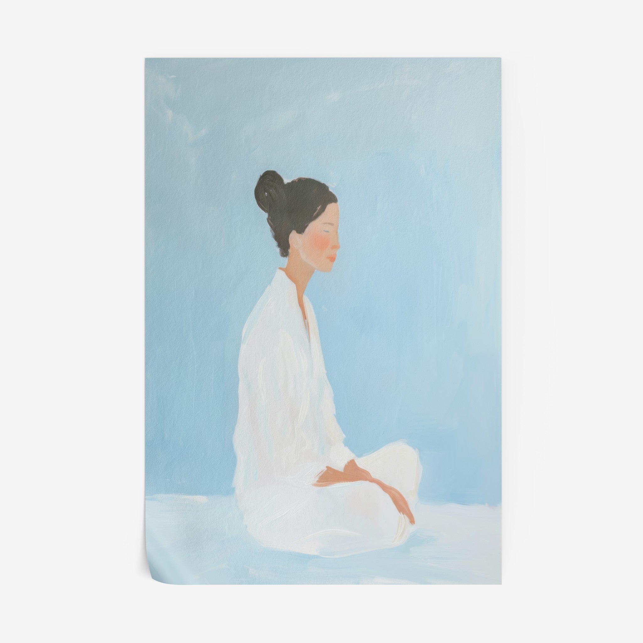 quadro com ilustração de mulher sentada em posição de meditação com fundo azul suave