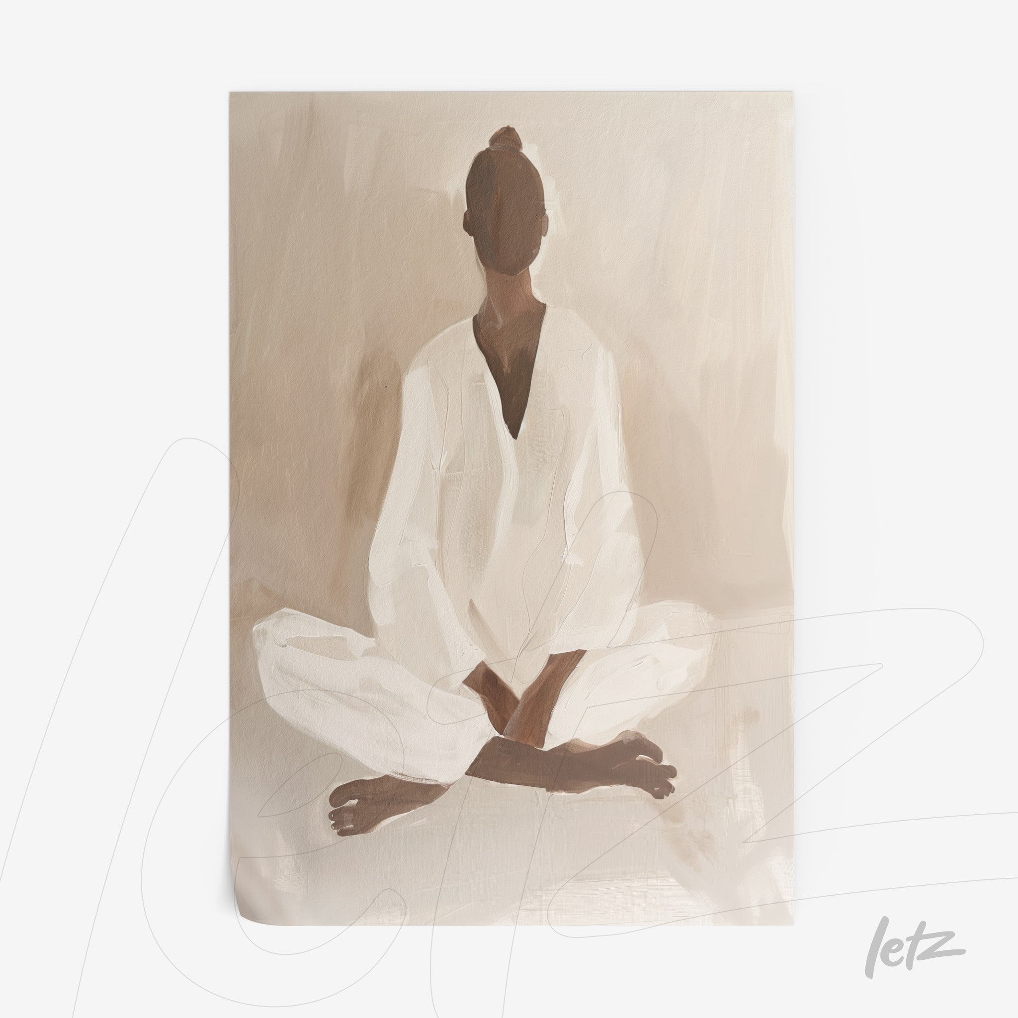 quadro de arte abstrata mostrando uma figura feminina meditando em tons neutros, com fundo claro e vestimenta branca