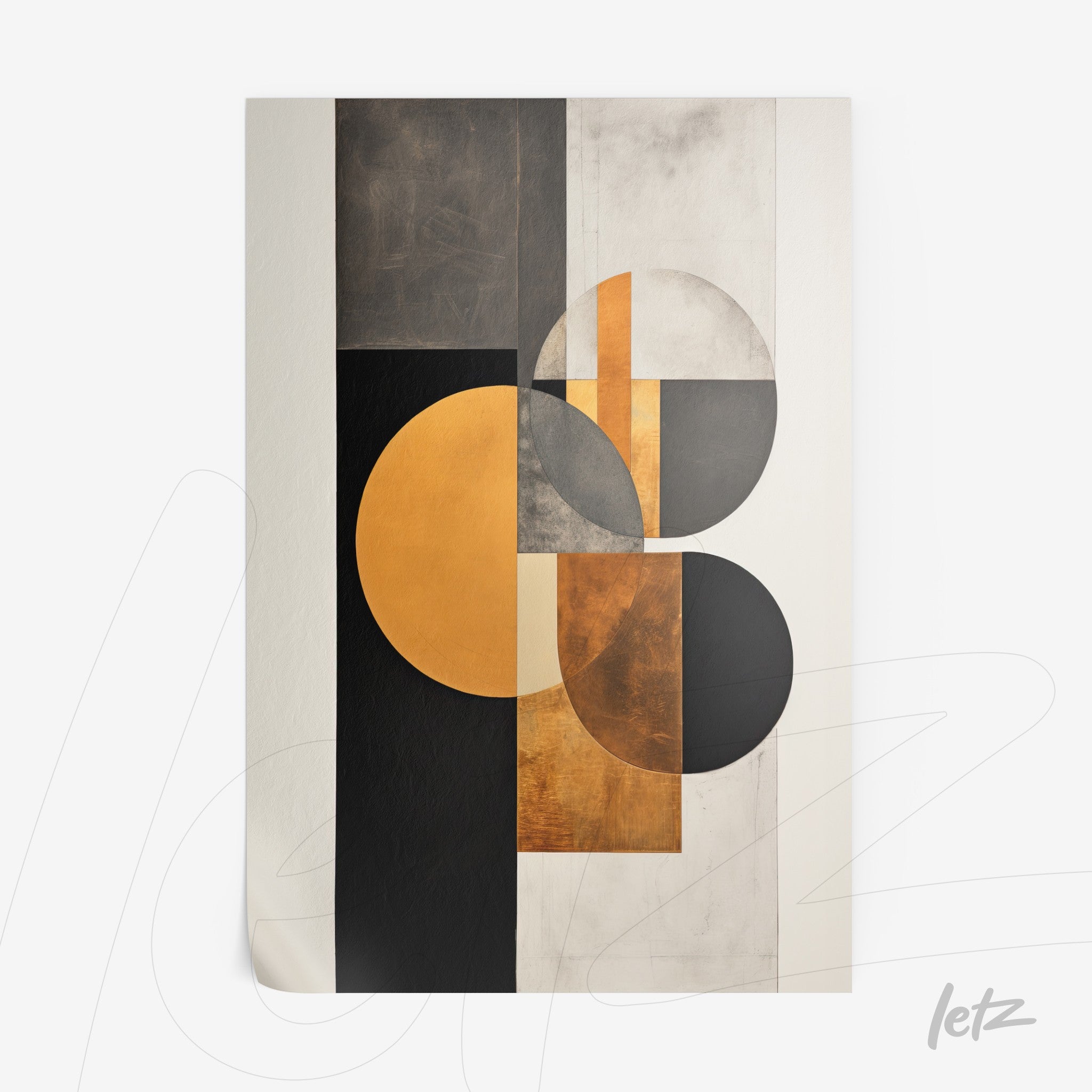 quadro com arte abstrata em tons de preto, branco e dourado, apresentando formas geométricas como círculos e retângulos