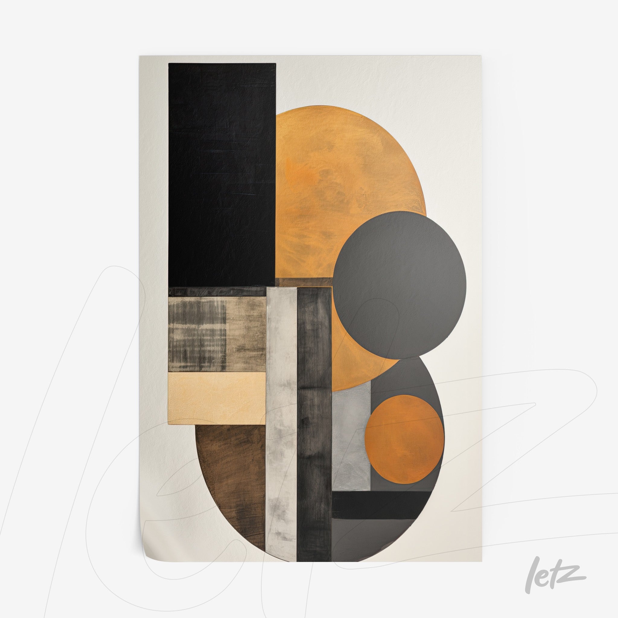 quadro com arte geométrica em tons de laranja, preto e cinza com formas circulares e retangulares distintas