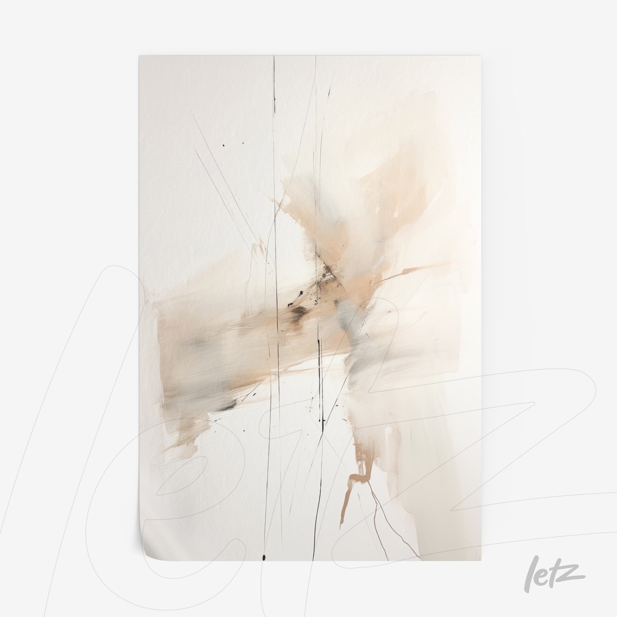 quadro com arte abstrata em tons neutros, com traços de tinta e textura suave