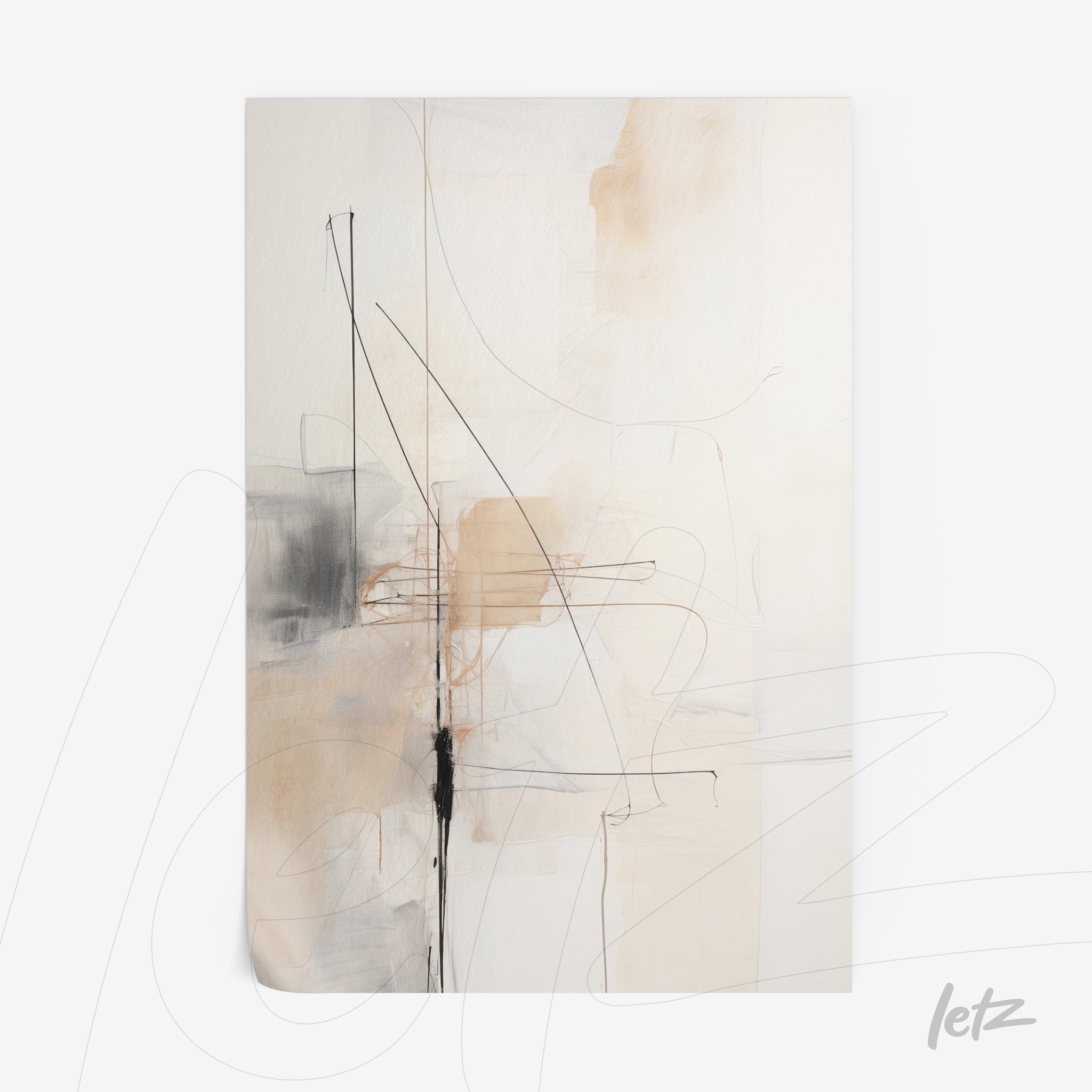 quadro abstrato com formas geométricas em tons neutros e linhas pretas