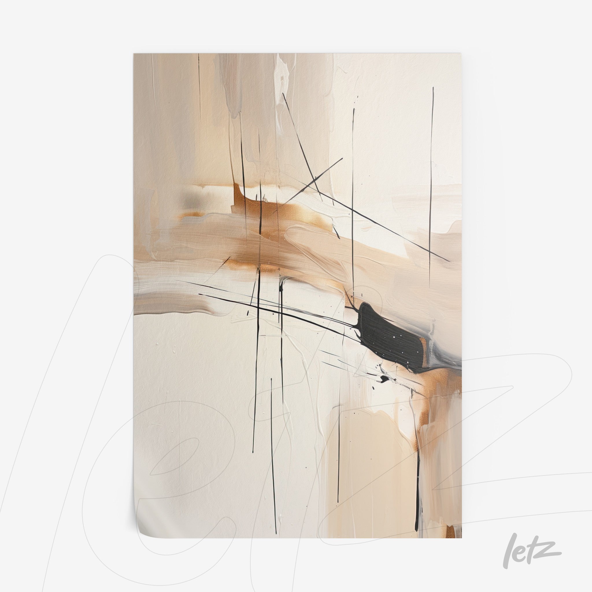 quadro com arte abstrata em tons bege e preto com traços finos e pinceladas soltas