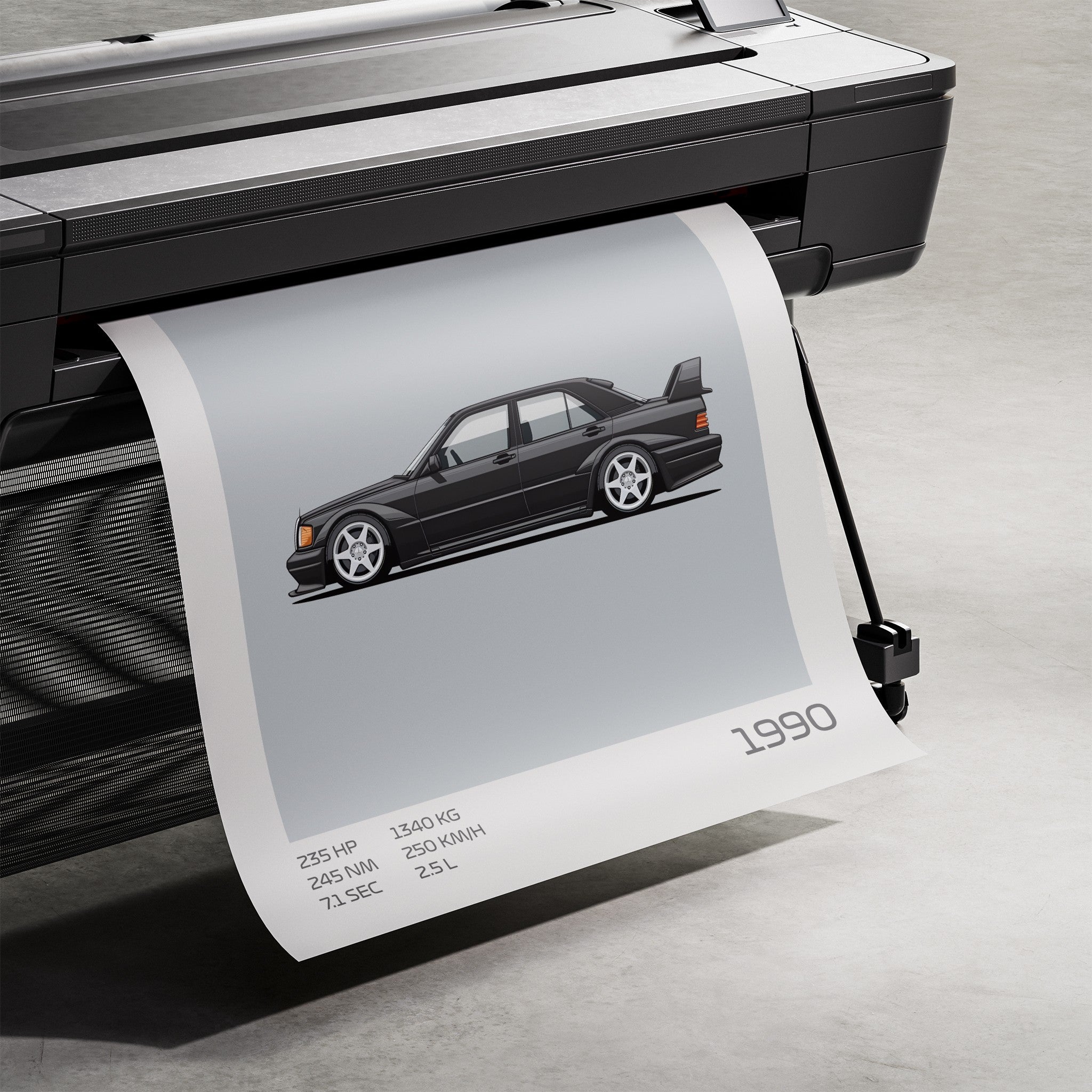 imagem de impressão de um quadro do carro em estilo minimalista, com detalhes técnicos, saindo de uma impressora, datado de 1990