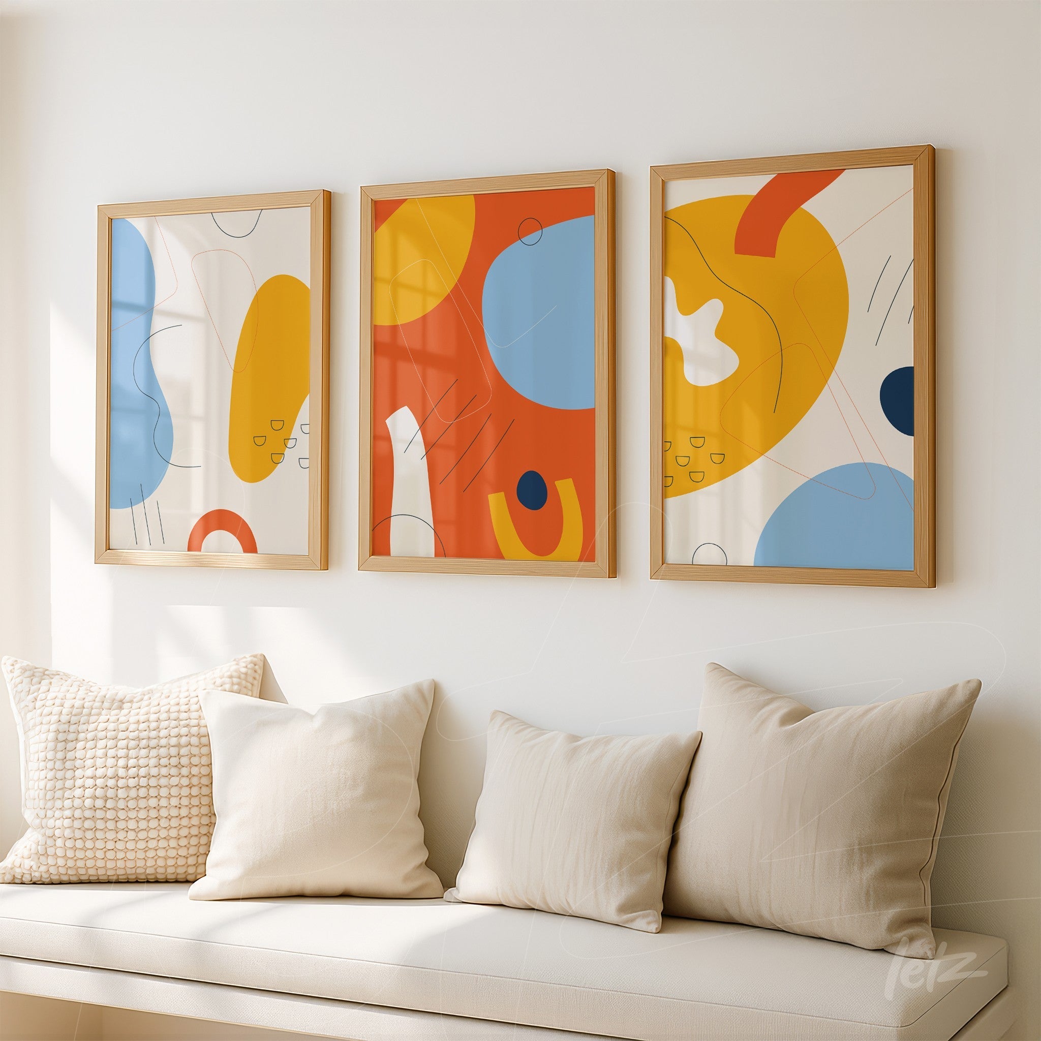 série de três quadros com arte abstrata em cores vivas, molduras de madeira clara, expostos sobre parede branca acima de sofá com almofadas claras