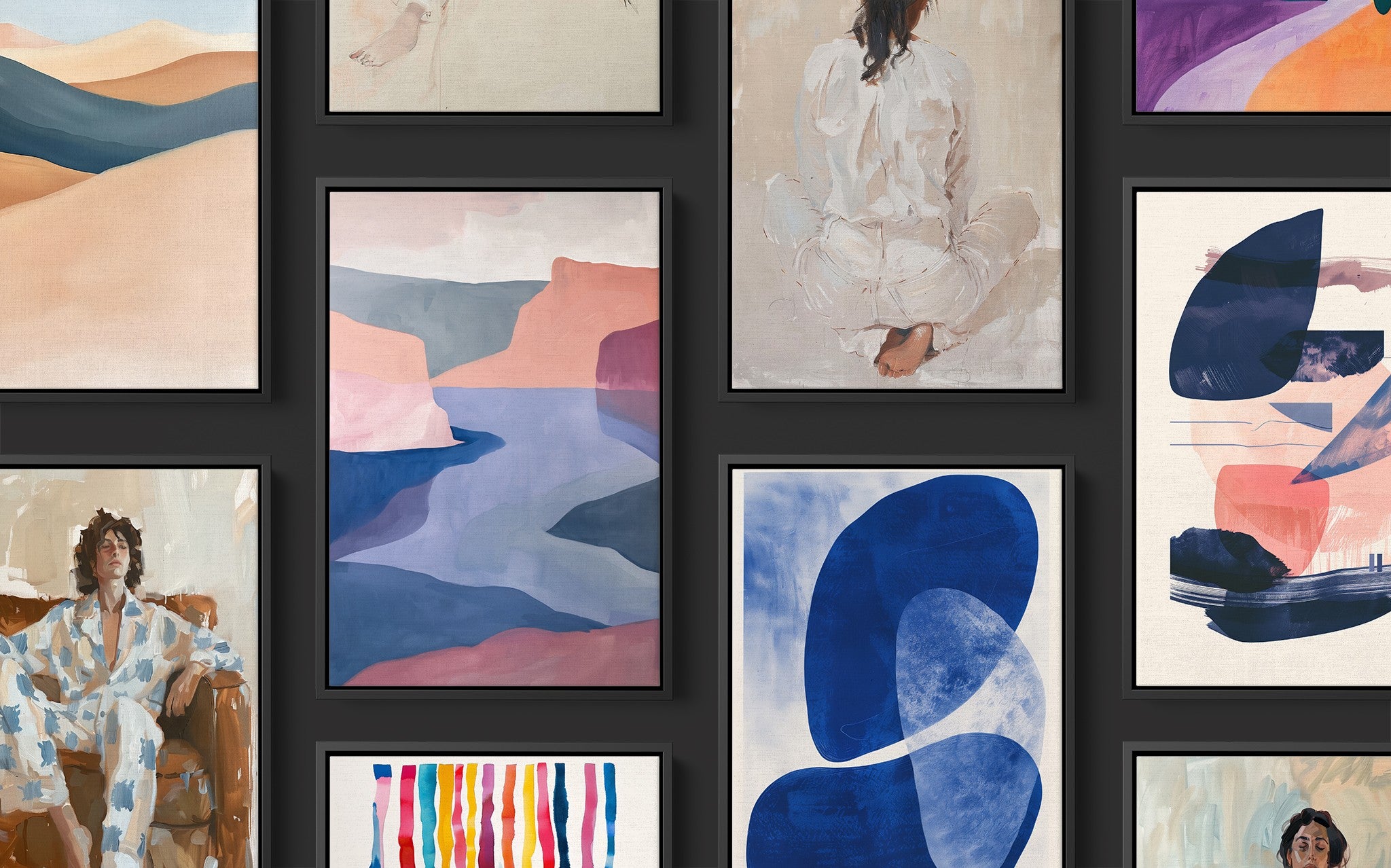 composição de quadros com ilustrações modernas em molduras pretas, apresentando figuras humanas, paisagens abstratas e padrões geométricos