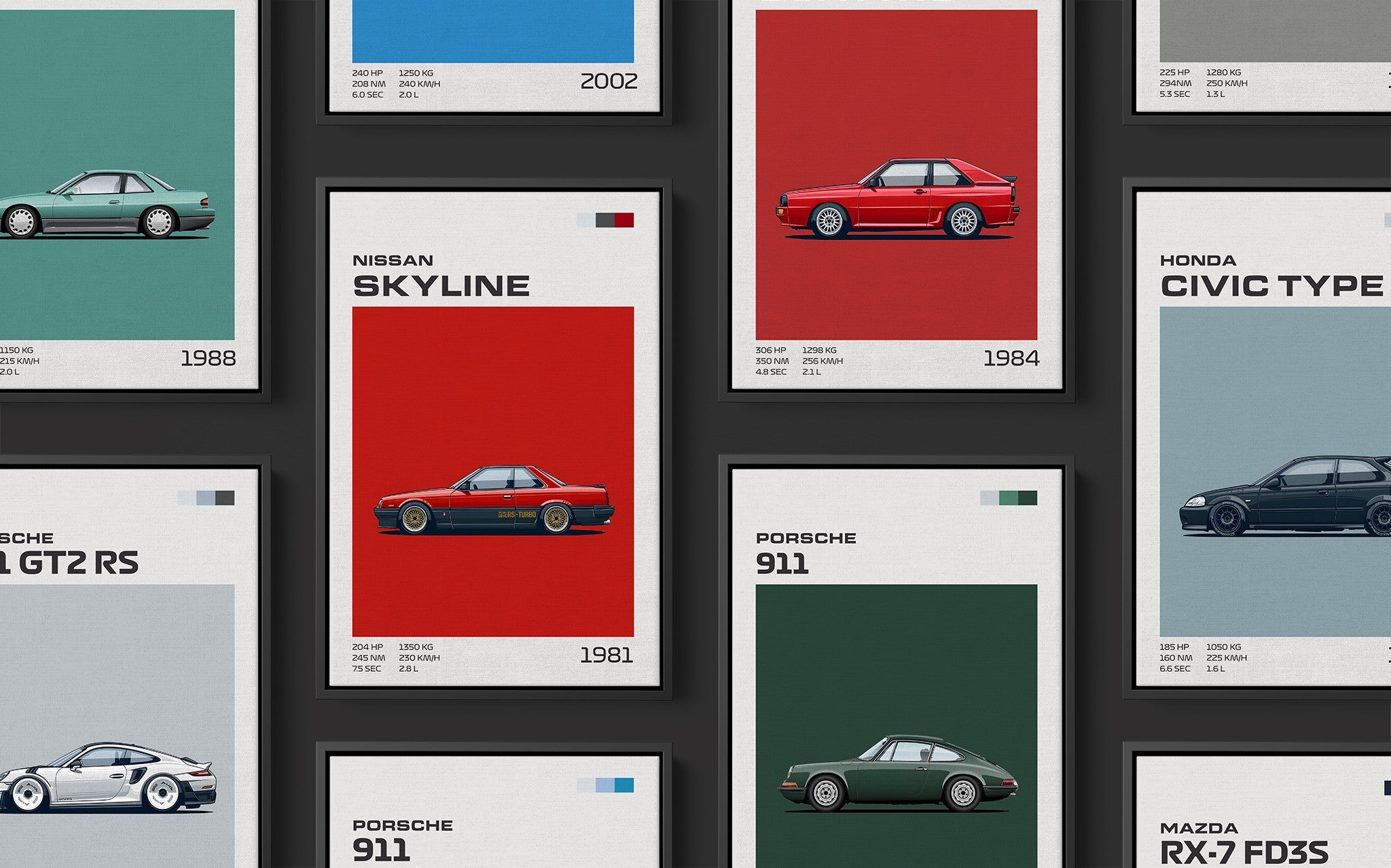 composição de quadros com ilustrações de carros clássicos como Nissan Skyline e Porsche 911 em molduras pretas
