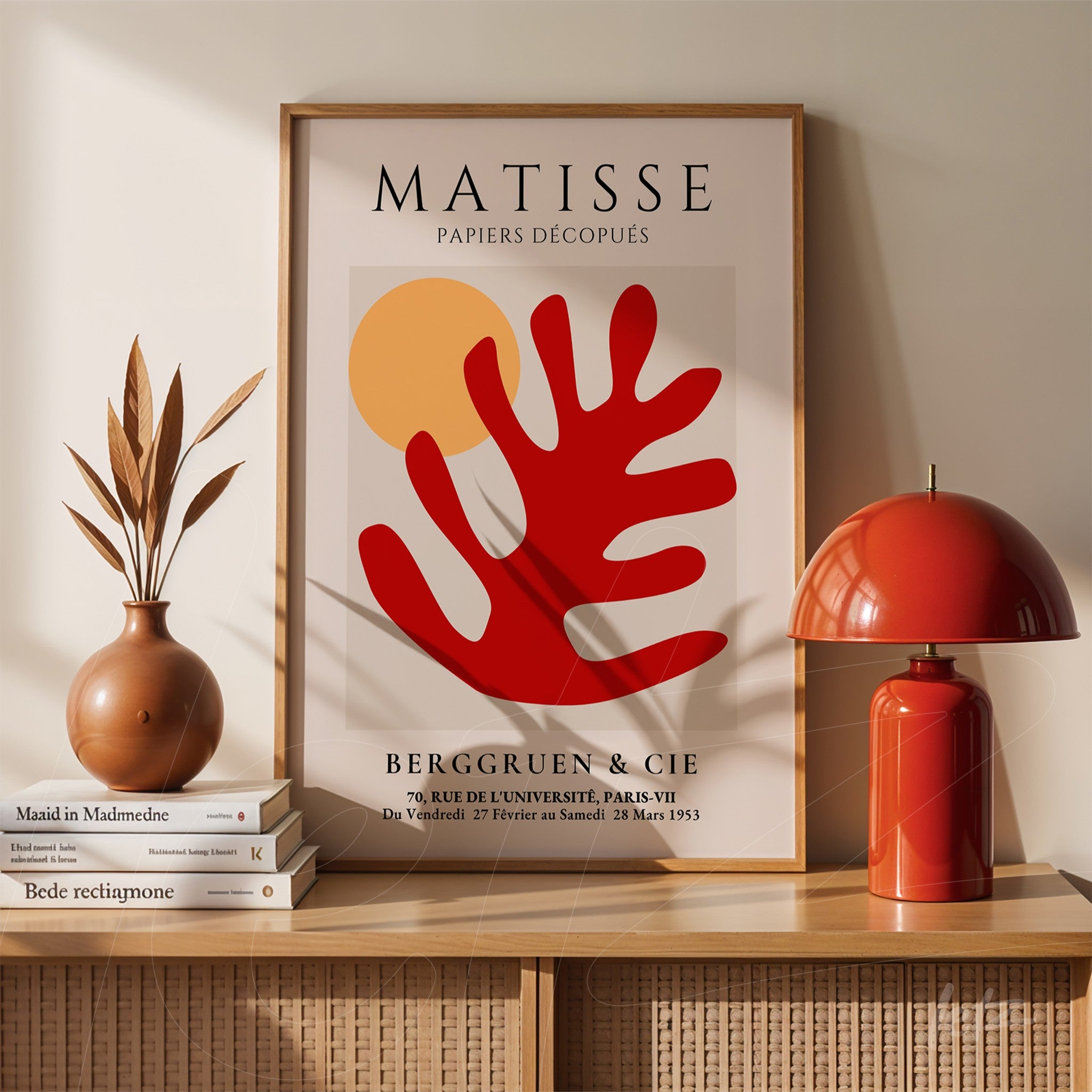 quadro com arte em estilo moderno de uma folha vermelha, moldura de madeira clara e fundo neutro com círculo amarelo