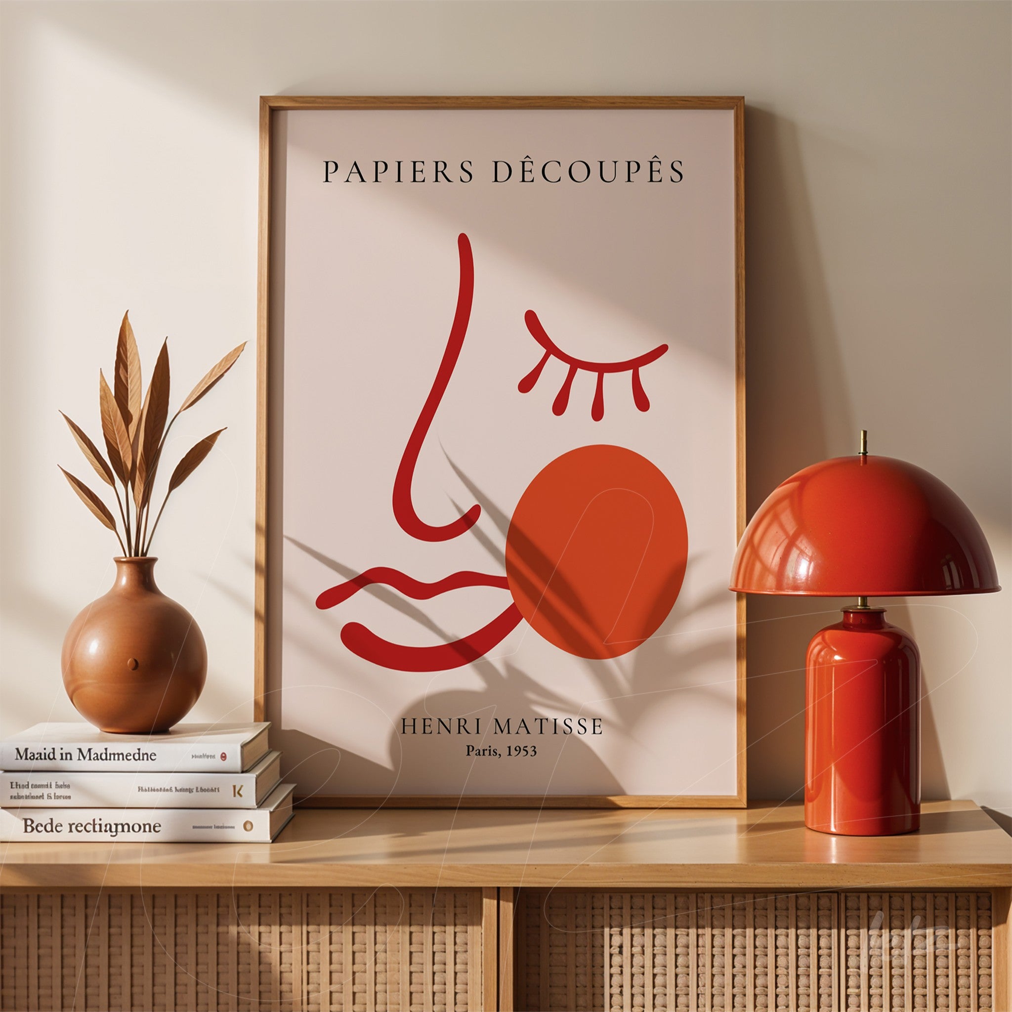 quadro com arte de Henri Matisse em moldura clara, apresentando traços simples de um rosto em estilo minimalista com círculo laranja ao lado