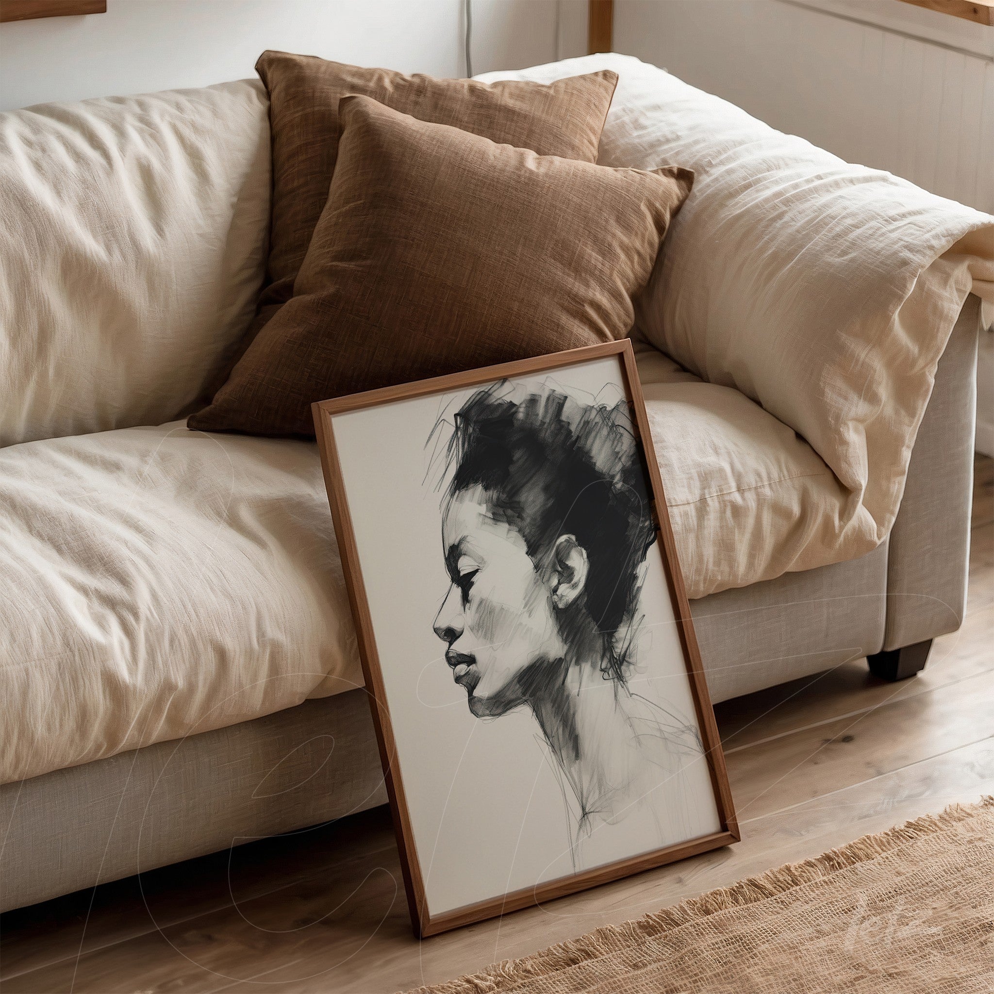 quadro com arte em traços de perfil feminino em moldura de madeira clara apoiado sobre sofá com almofadas