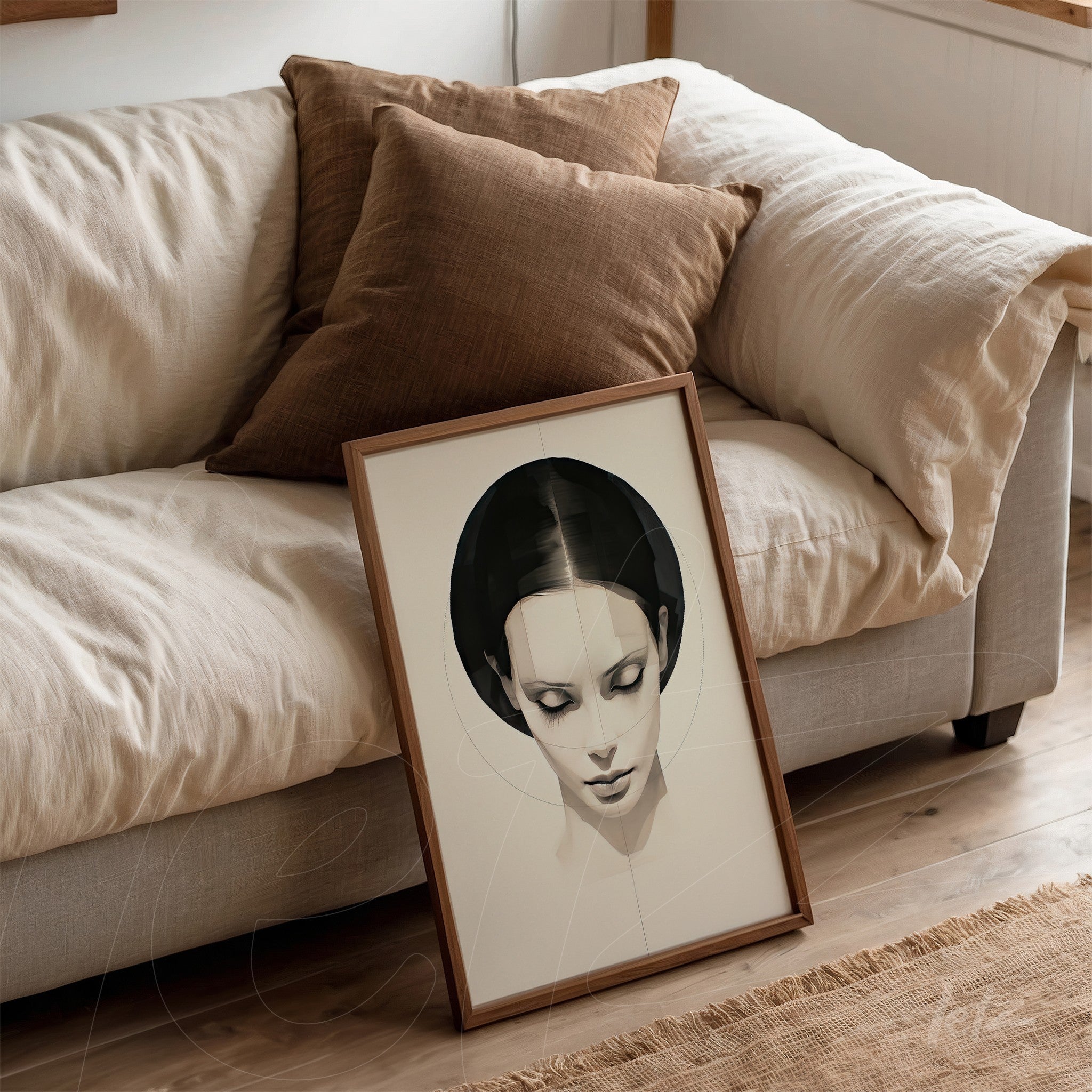 quadro com ilustração minimalista de rosto feminino em moldura de madeira clara, apoiado em sofá com almofadas marrons