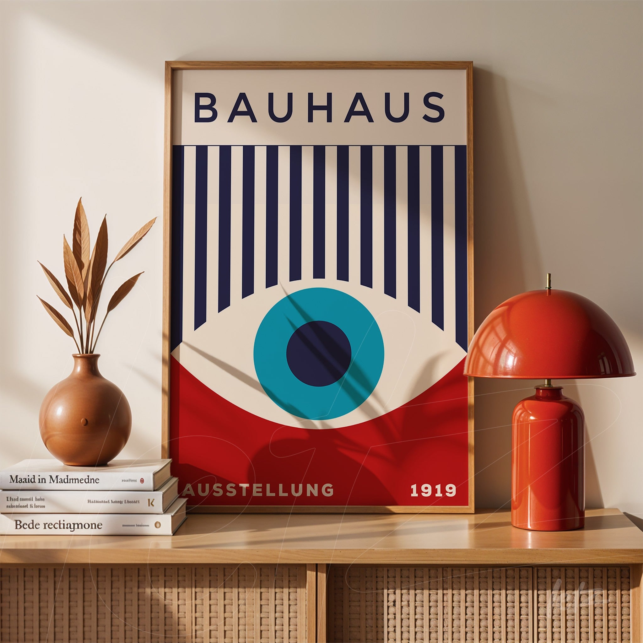 arte estilo bauhaus com listras verticais azuis e um olho no centro, emoldurado em madeira clara e exibido sobre móvel de madeira com abajur vermelho e vaso decorativo ao lado