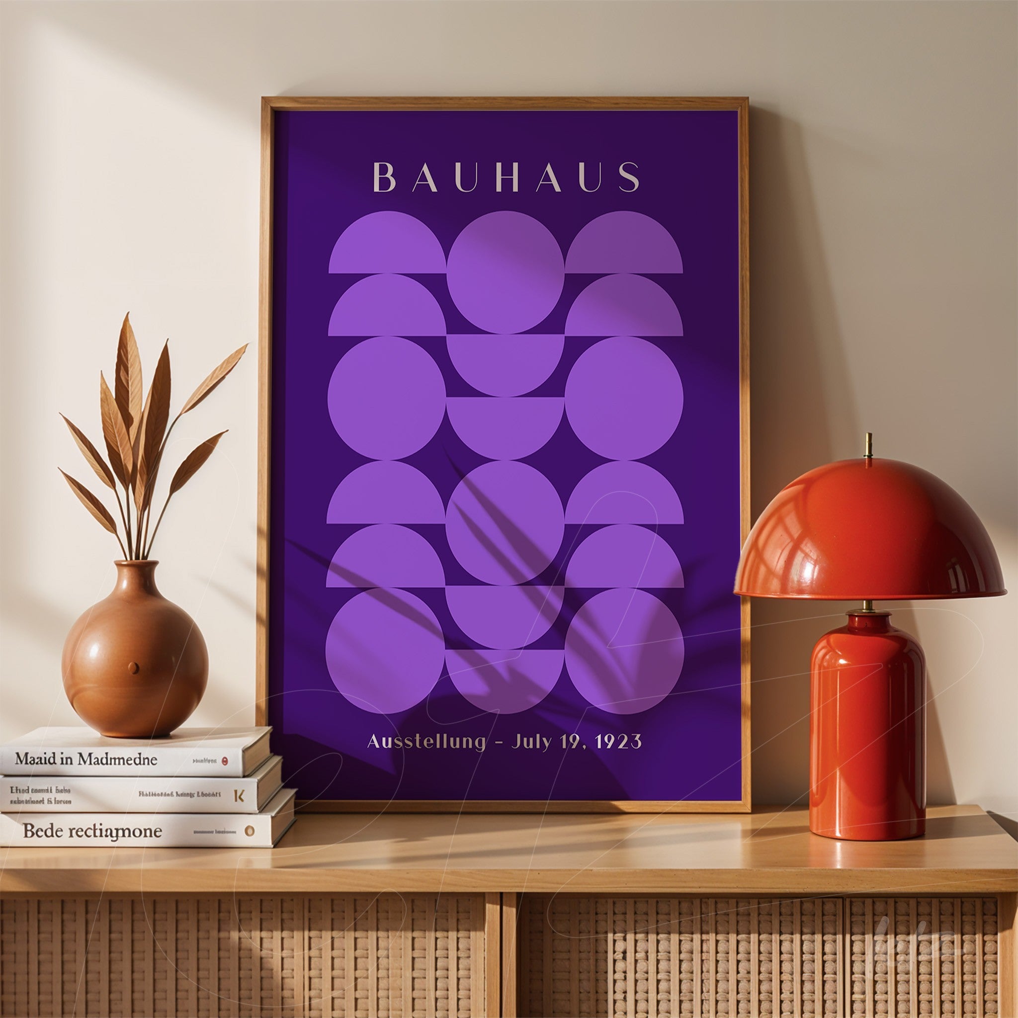 tela em canvas com arte geométrica inspirada em Bauhaus, exibindo formas semicirculares lilás em fundo roxo e moldura de madeira clara sobre prateleira com livros e vaso decorativo