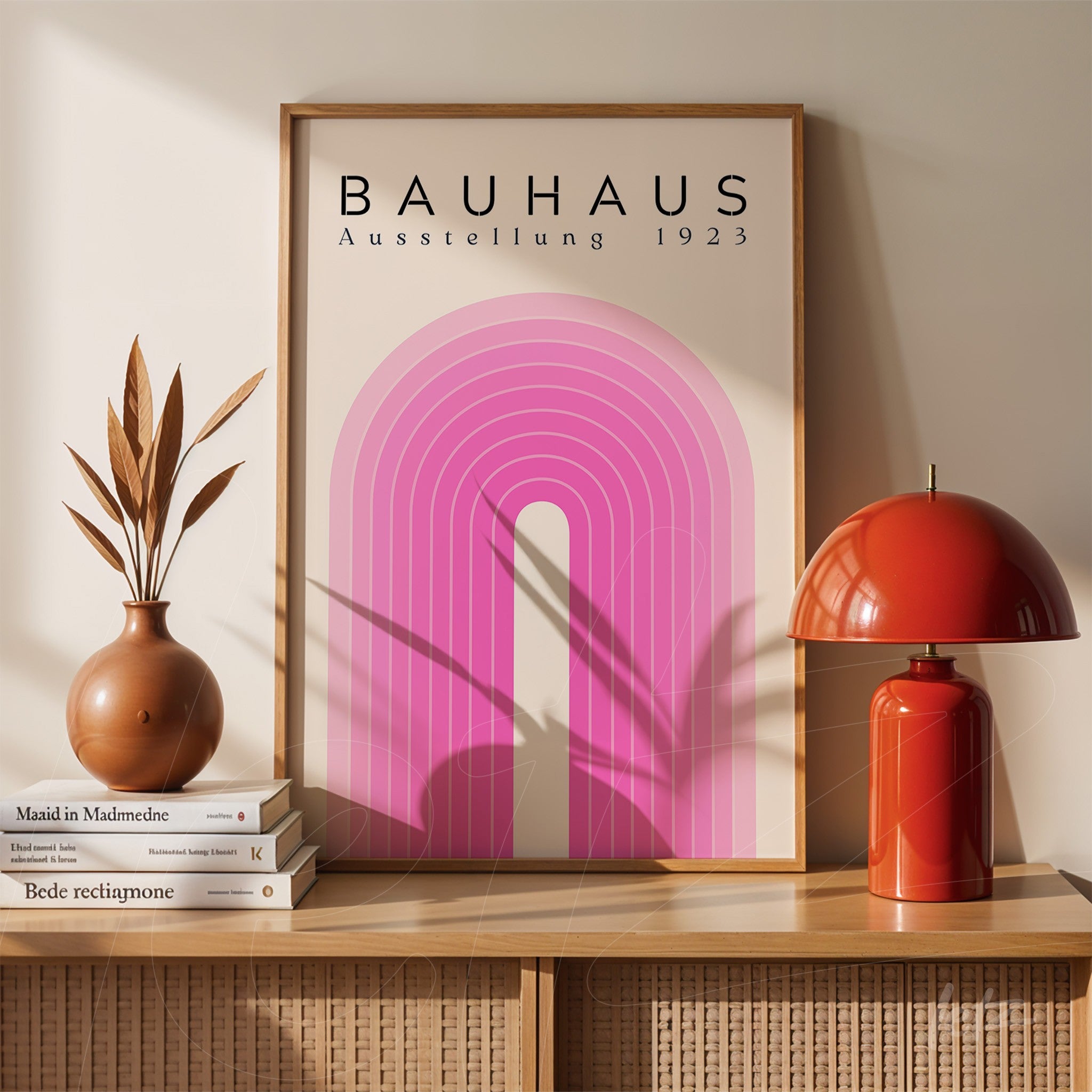 pôster impresso com design geométrico rosa inspirado no estilo Bauhaus emoldurado em madeira clara, apoiado em móvel ao lado de luminária vermelha e vaso decorativo