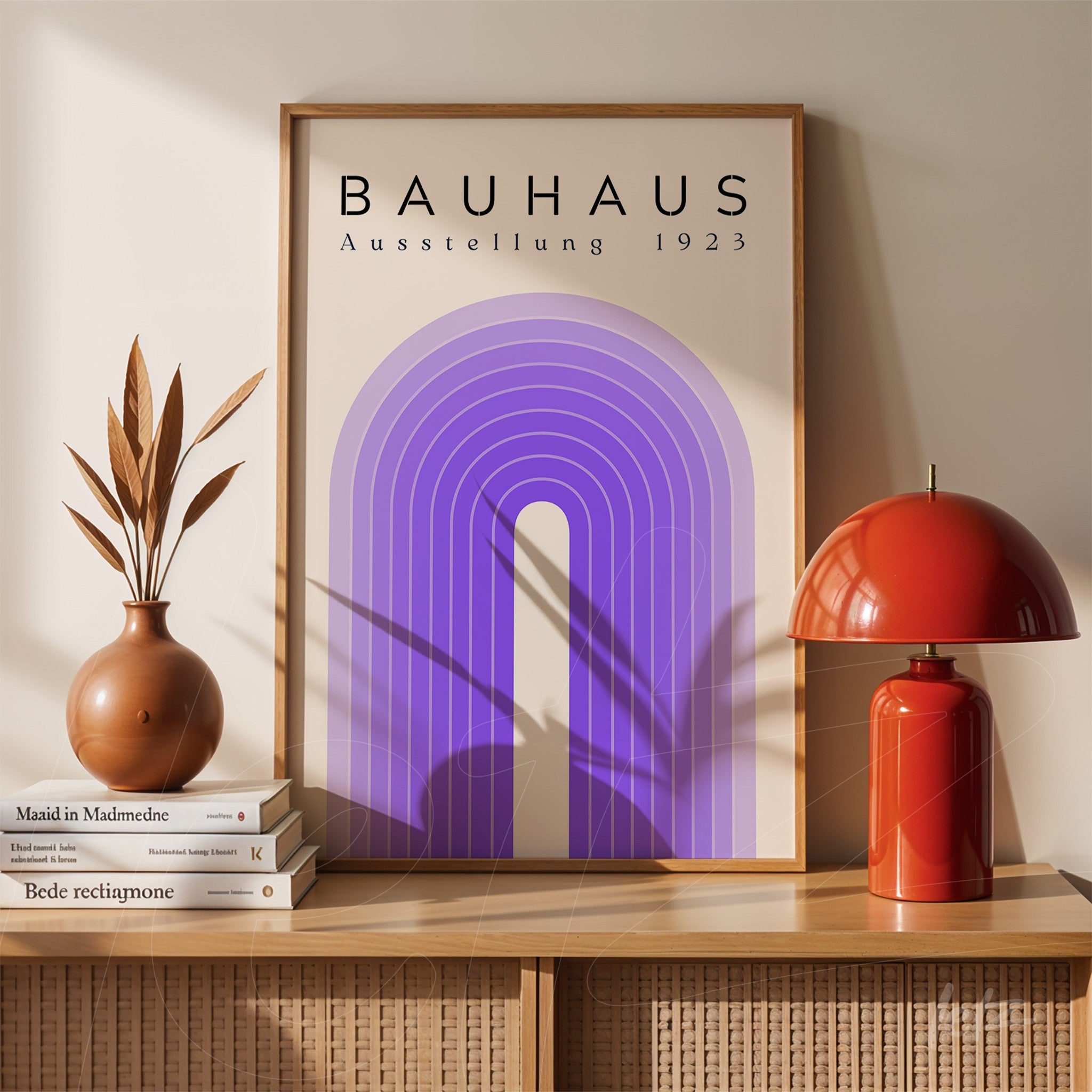 pôster com design geométrico em tons de roxo da bauhaus exposição 1923 emoldurado em madeira clara e exibido sobre aparador com luminária vermelha e vasos decorativos