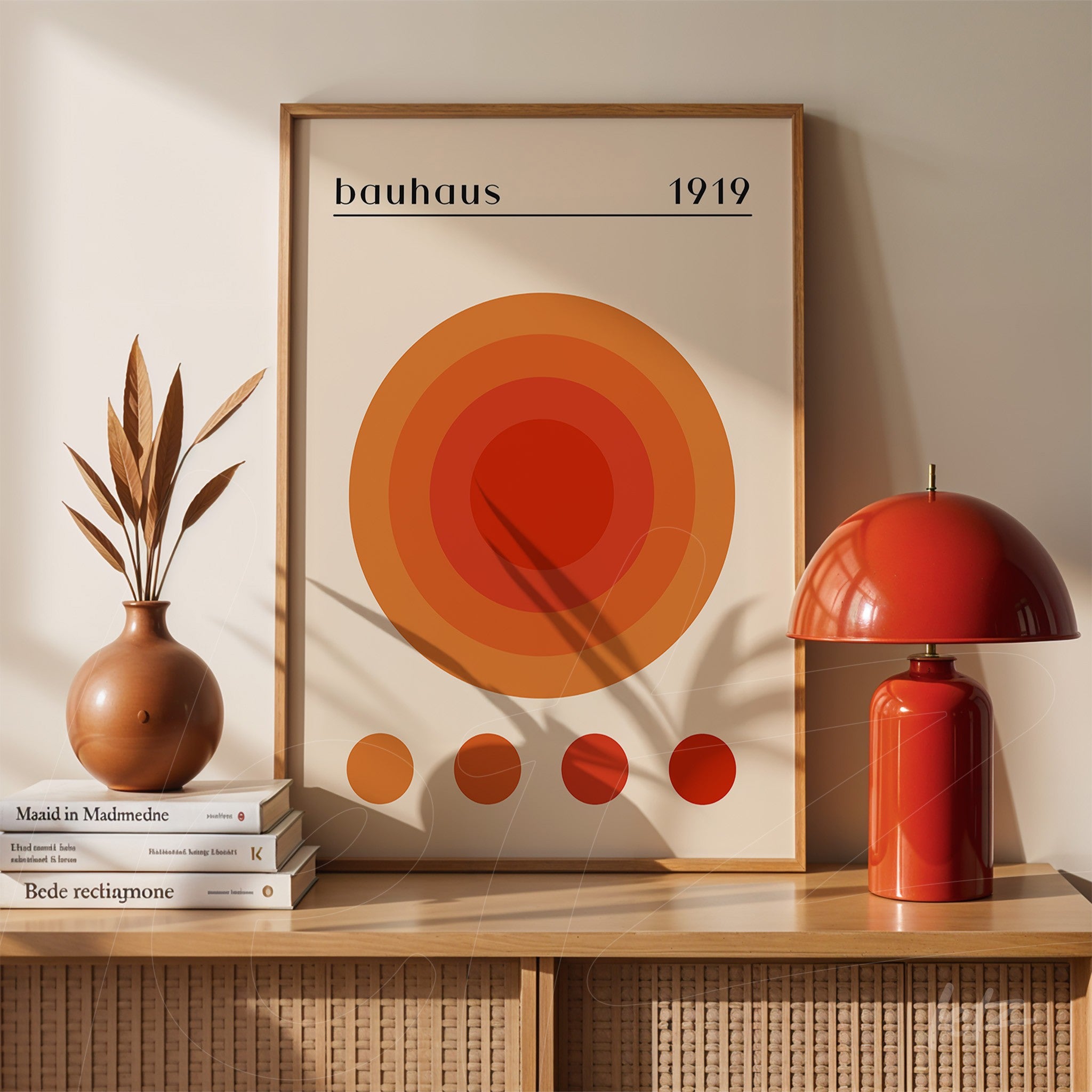 quadro com arte geométrica em estilo bauhaus de círculos concêntricos laranjas em moldura de madeira exposto sobre prateleira com lâmpada vermelha e vaso decorativo