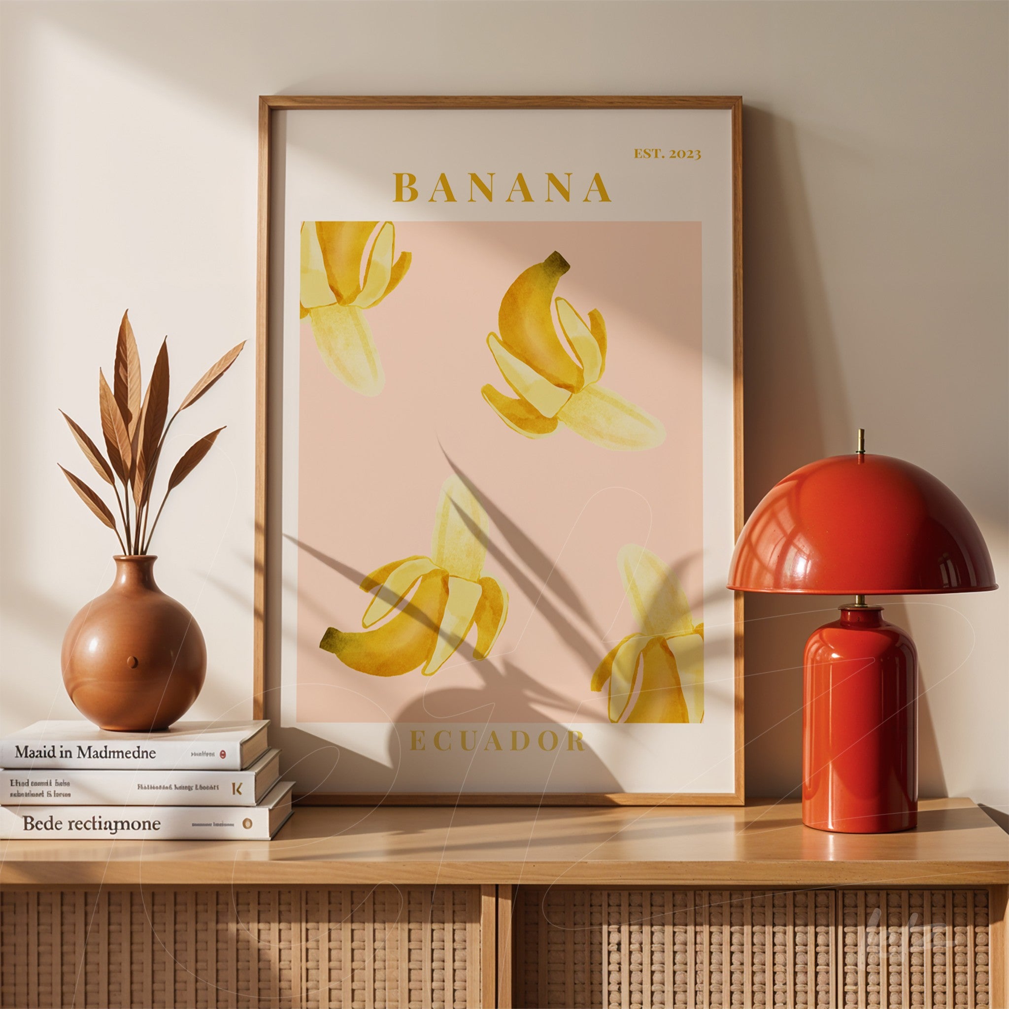 quadro com design moderno de bananas sobre fundo rosa, emoldurado com moldura branca e exibido ao lado de um vaso de cerâmica marrom e uma lâmpada vermelha sobre prateleira de madeira