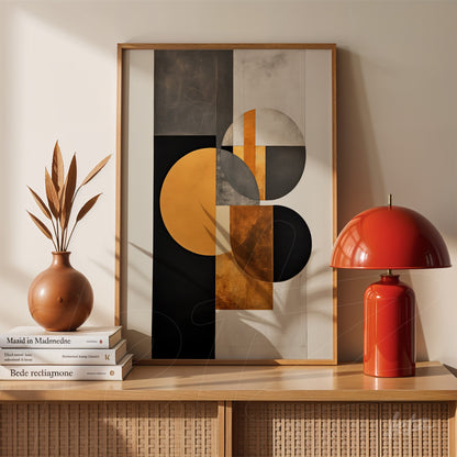 quadro moderno com formas geométricas em tons de laranja, preto e dourado, em moldura de madeira clara, apoiado em mesa de madeira ao lado de vaso decorativo e abajur vermelho