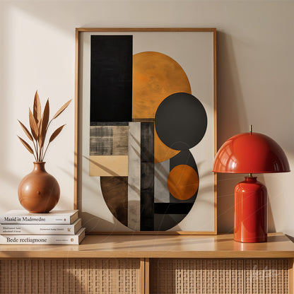 quadro em moldura de madeira clara com arte abstrata em tons de laranja, preto e cinza, exibido sobre mesa de madeira ao lado de vaso com folhagens secas e lâmpada vermelha