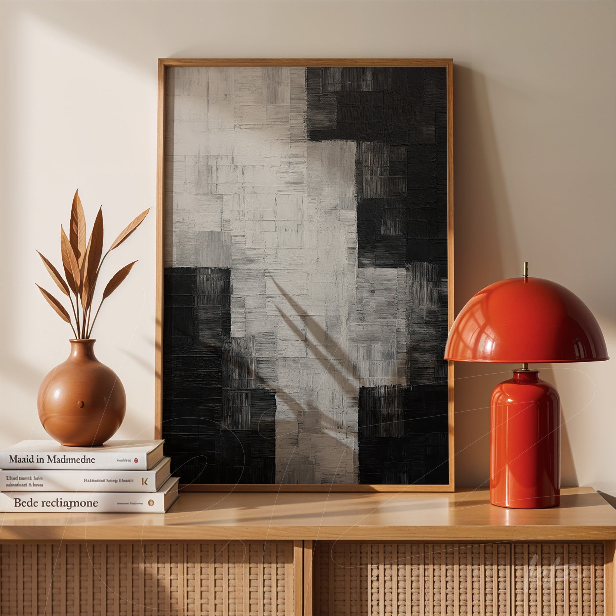 quadro em moldura de madeira clara com arte abstrata em tons de preto e branco, exibido sobre mesa com vaso e abajur vermelho