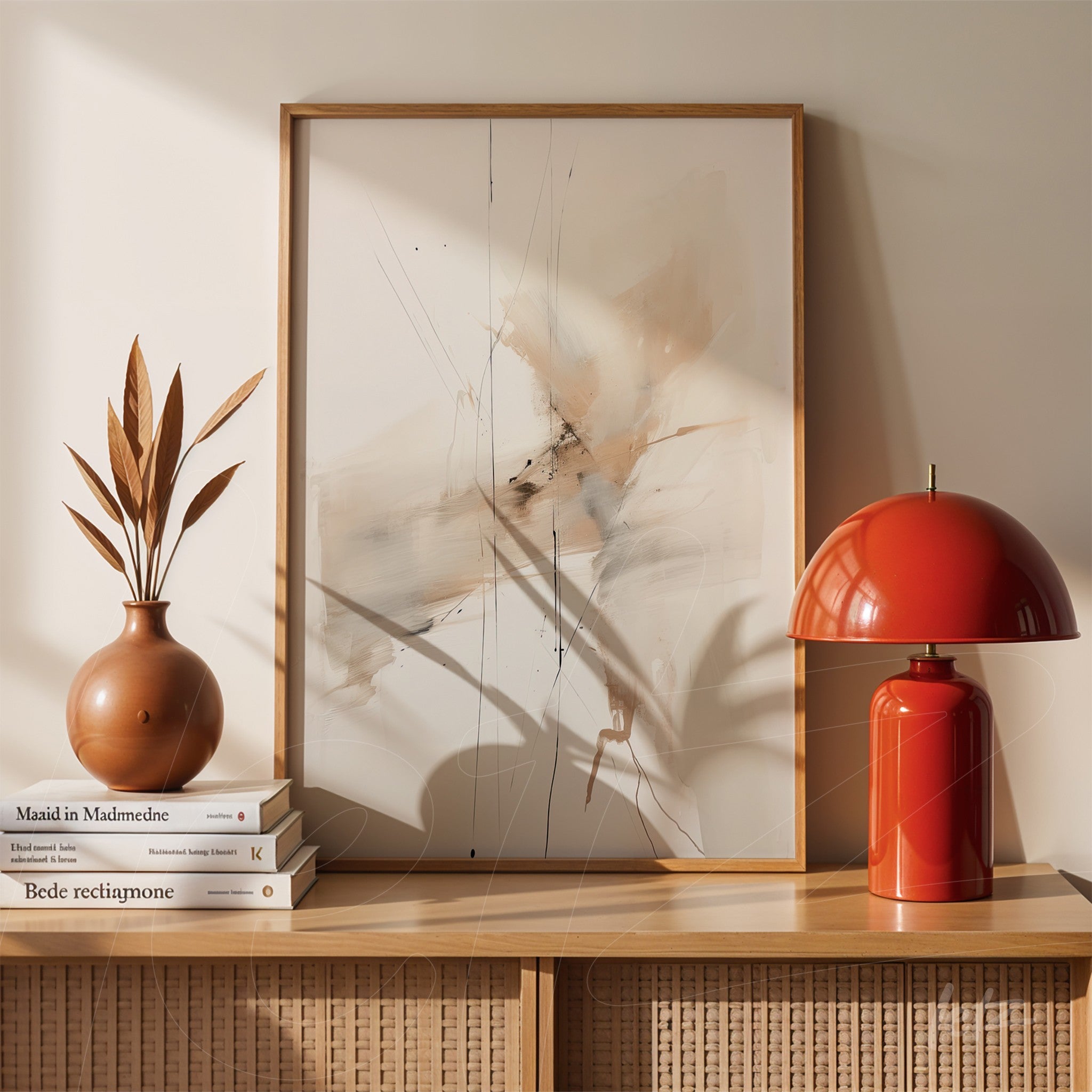quadro em moldura de madeira clara com arte abstrata nas tonalidades bege e marrom, sobre mesa de madeira ao lado de vaso com folhas secas e luminária vermelha