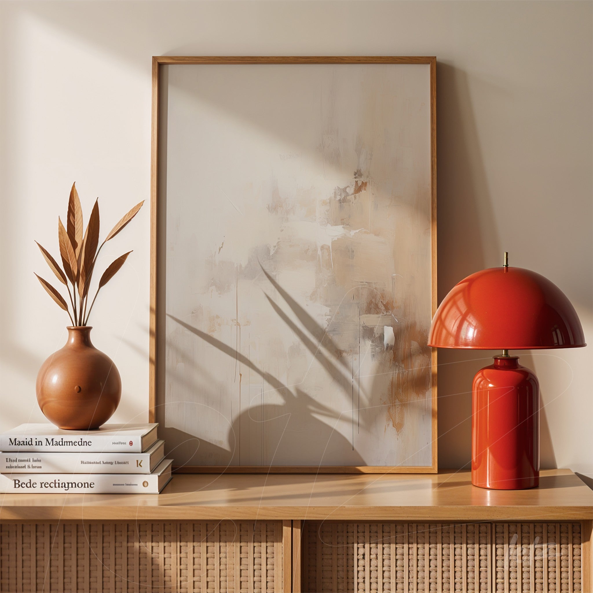 quadro abstrato em moldura de madeira clara exibido ao lado de um vaso de cerâmica e uma luminária vermelha sobre mesa de madeira clara
