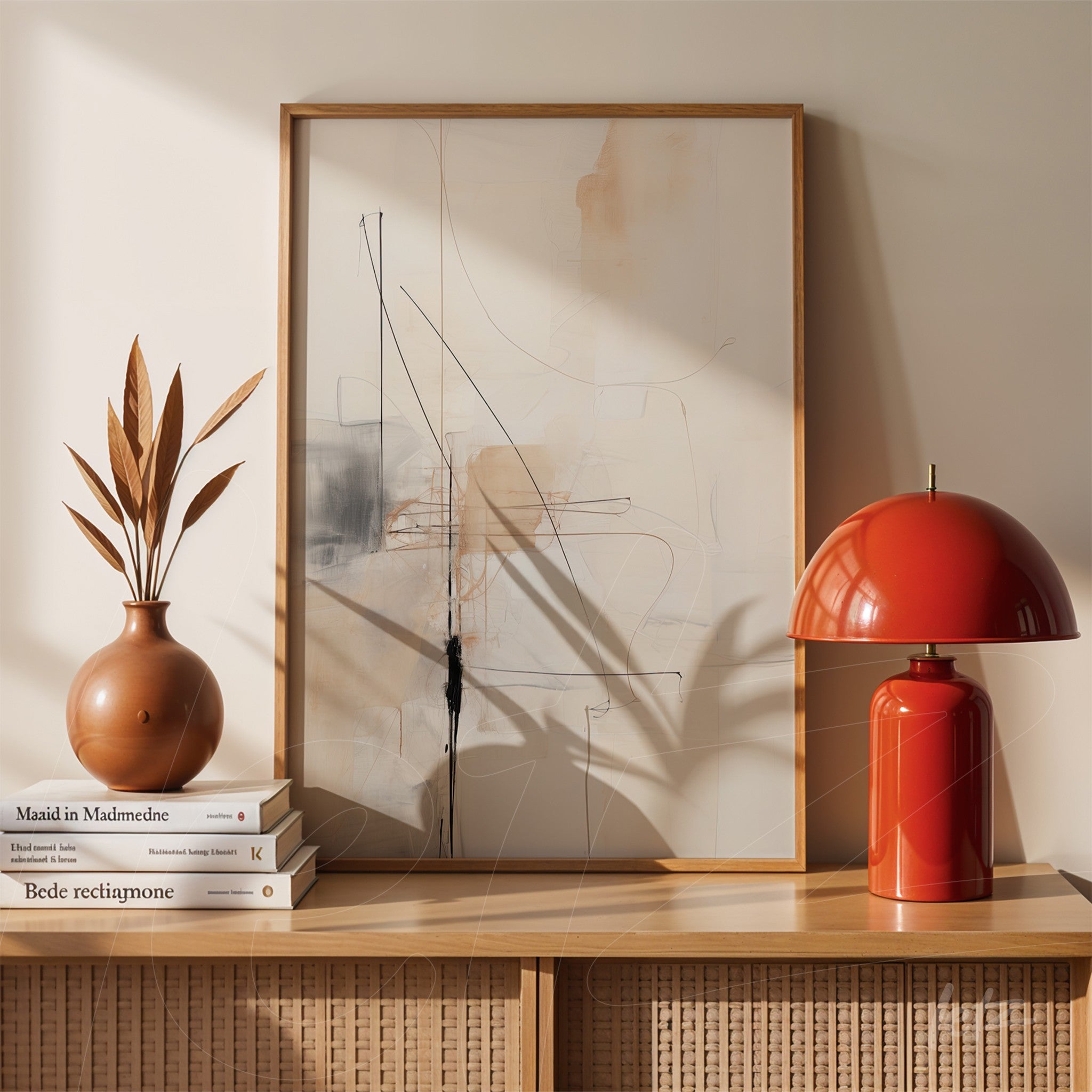 quadro abstrato com linhas finas em tons neutros, exibido sobre mesa de madeira clara com vaso de cerâmica e abajur vermelho