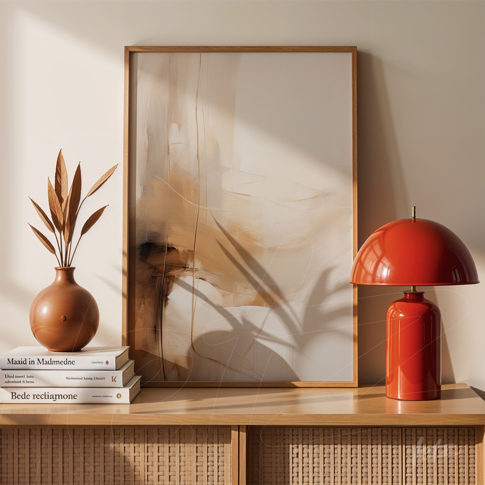 quadro abstracto em moldura de madeira leve, acompanhado de vaso de cerâmica e lâmpada vermelha, sobre prateleira de madeira clara