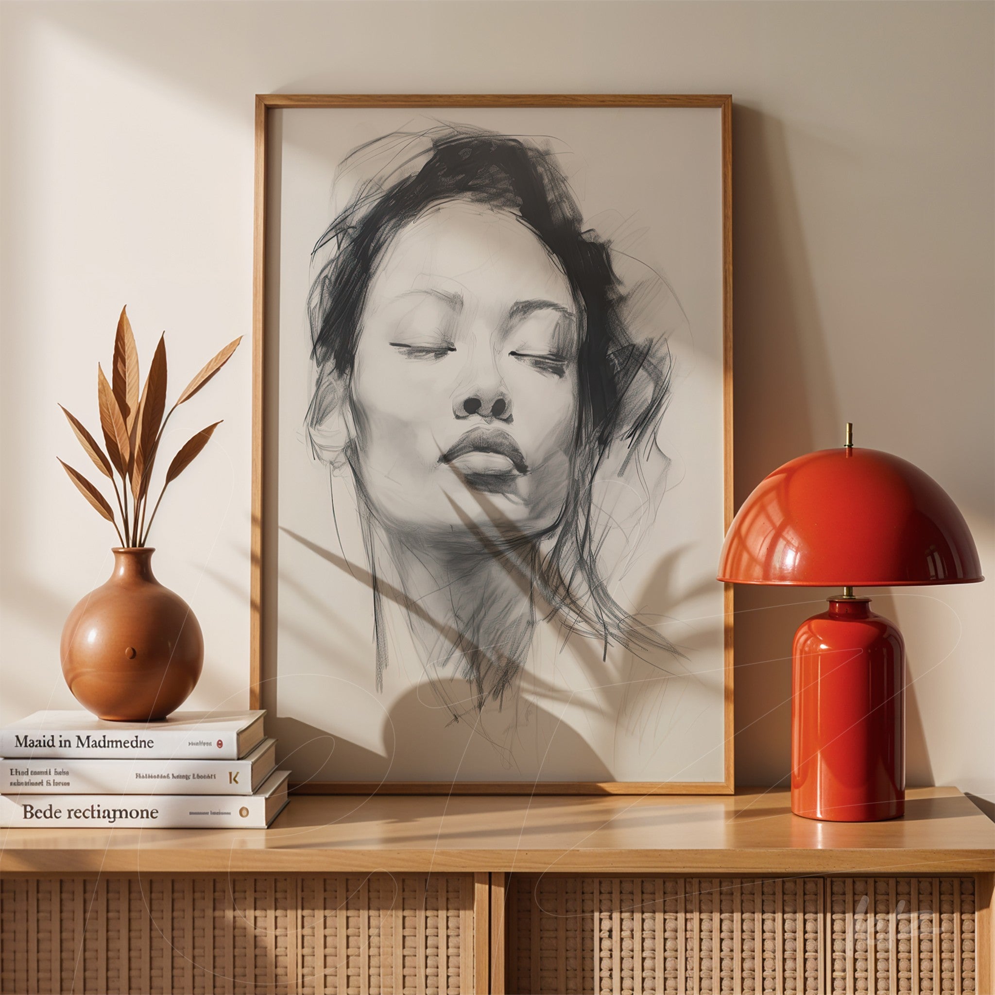 quadro com ilustração de rosto feminino em traços monocromáticos dentro de moldura de madeira clara, apoiado sobre mesa de madeira com vaso terracota e abajur vermelho