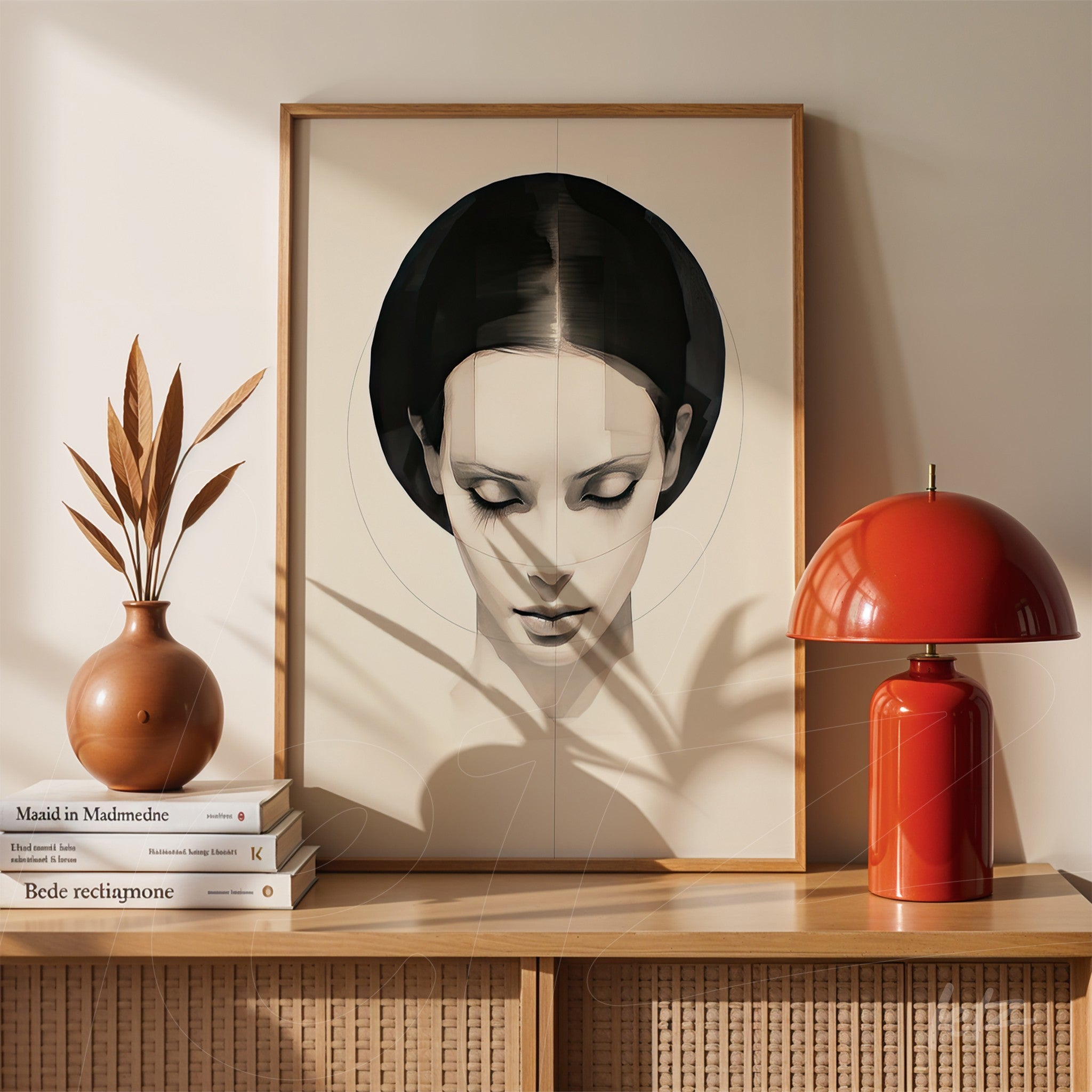 quadro com arte minimalista de retrato feminino em moldura de madeira clara, exibido ao lado de um vaso de cerâmica e uma luminária vermelha sobre mesa de madeira