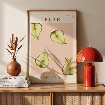 quadro com arte de peras em estilo minimalista, moldura branca com fundo rosa e texto em dourado