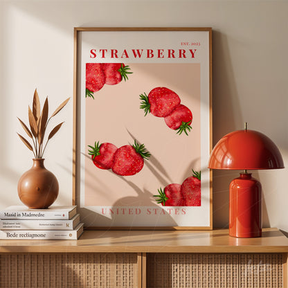 quadro em moldura clara com ilustração de morangos em fundo rosa claro, exibido sobre uma estante de madeira ao lado de um vaso e de uma luminária vermelha