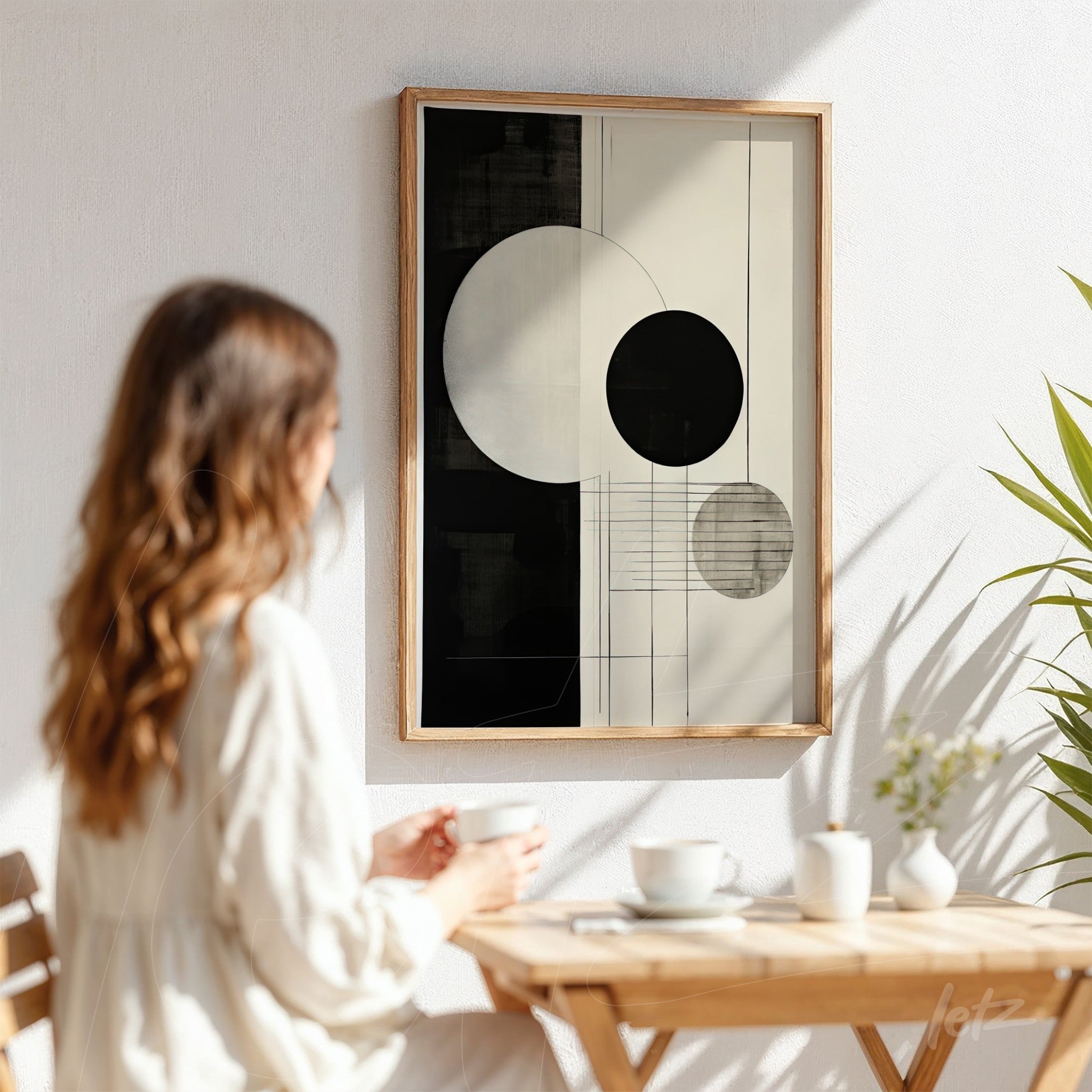 quadro com arte abstrata em preto e branco em moldura de madeira clara exibido em parede branca, com círculo grande e círculos menores em composição geométrica