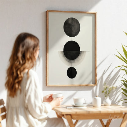quadro com composição minimalista em preto e branco com círculos sobre fundo claro, exposto em parede branca com planta ao lado