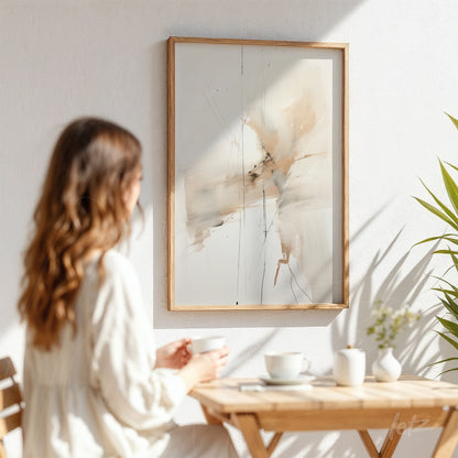 quadro abstracto com tons terrosos em moldura de madeira clara, exposto sobre parede branca com plantas ao redor