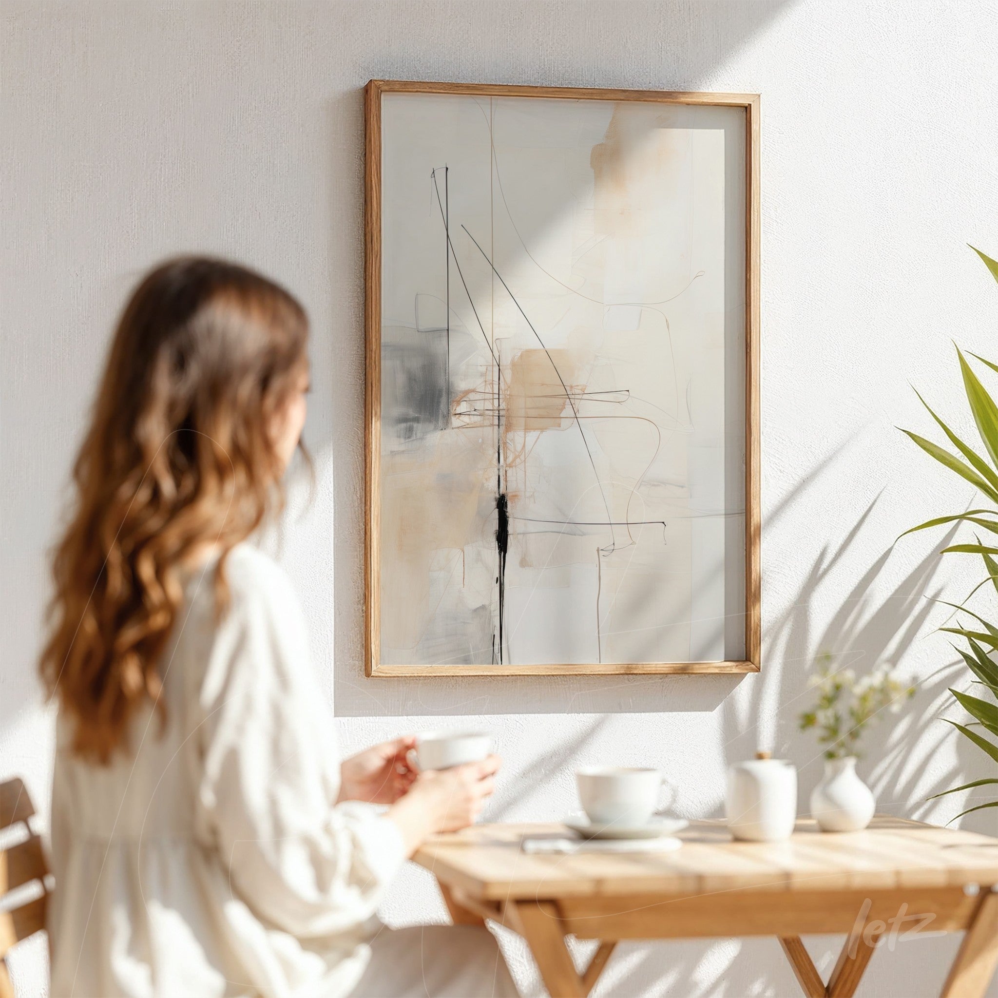 quadro com arte abstrata em tons neutros e linhas delicadas em moldura de madeira clara exposto em parede branca, com uma mulher de costas segurando uma xícara