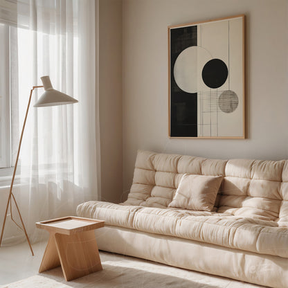 quadro moderno em moldura clara com formas geométricas em preto e branco, apoiado em parede neutra ao fundo de sala com sofá bege