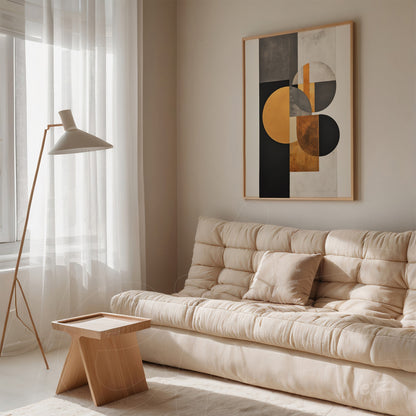 quadro abstrato com formas geométricas em tons de dourado, preto e cinza, em moldura clara exposto na parede ao fundo