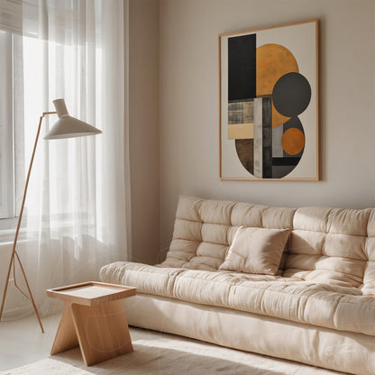 quadro com arte geométrica em moldura clara, apresentando formas circulares e retangulares em cores terrosas e pretas, exibido em ambiente moderno com sofá creme e luminária de pé