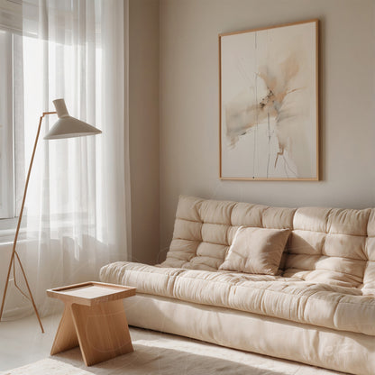 quadro com arte abstrata em tons neutros em moldura clara exibido em parede de sala iluminada