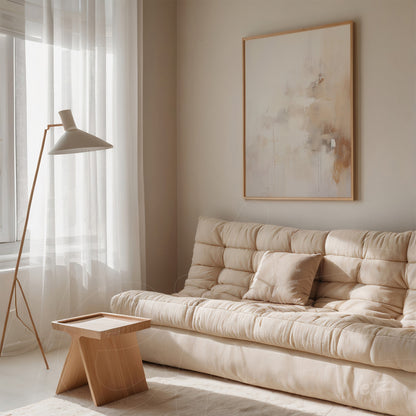 quadro abstrato com tons neutros em moldura de madeira clara pendurado acima de sofá bege em ambiente minimalista