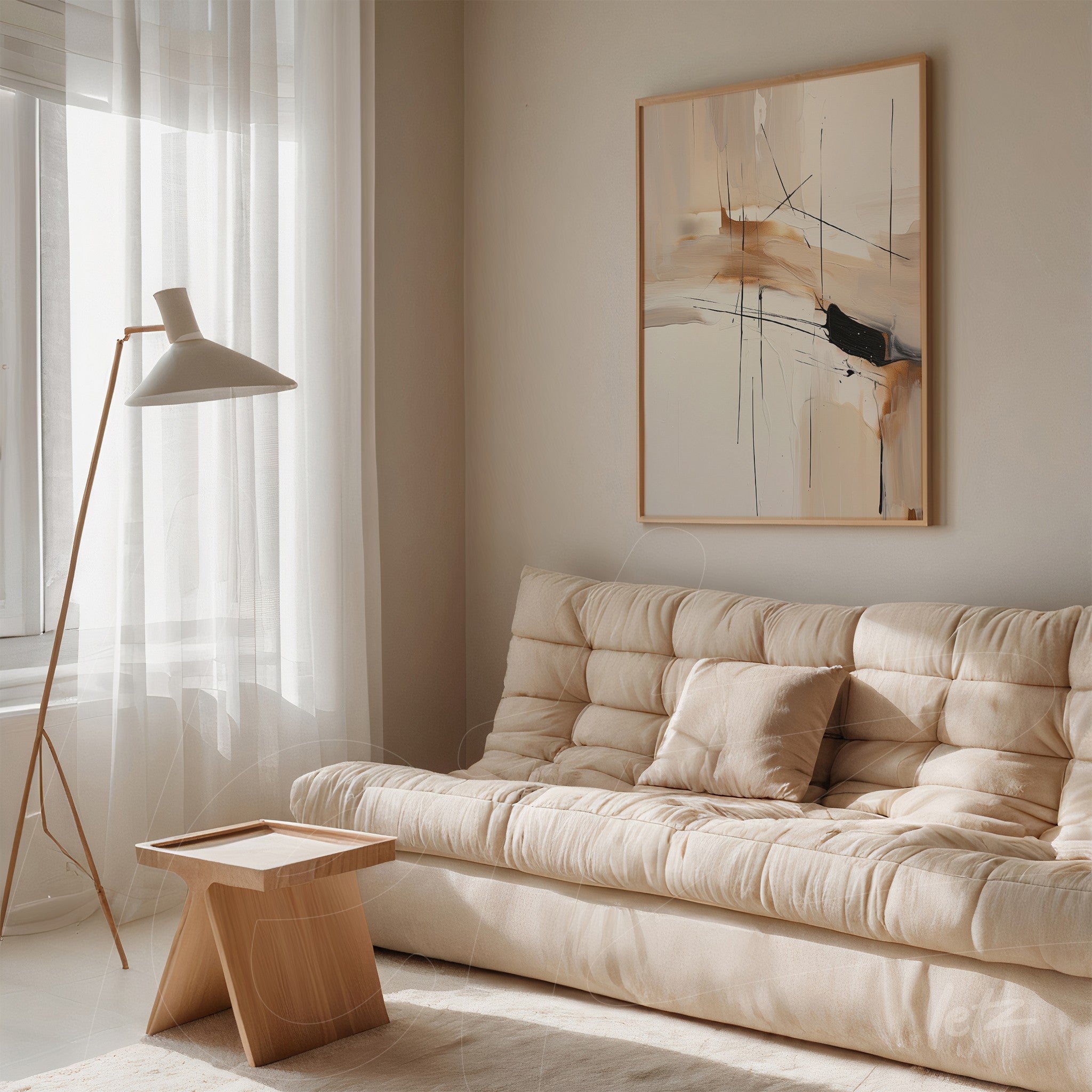 quadro com arte abstrata em tons neutros, moldura de madeira clara, exposto em ambiente minimalista com sofá bege