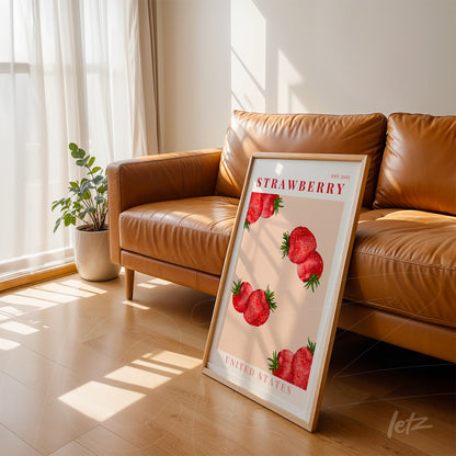 quadro com arte de morangos em fundo rosa e moldura branca, exibido ao lado de um sofá de couro em ambiente iluminado